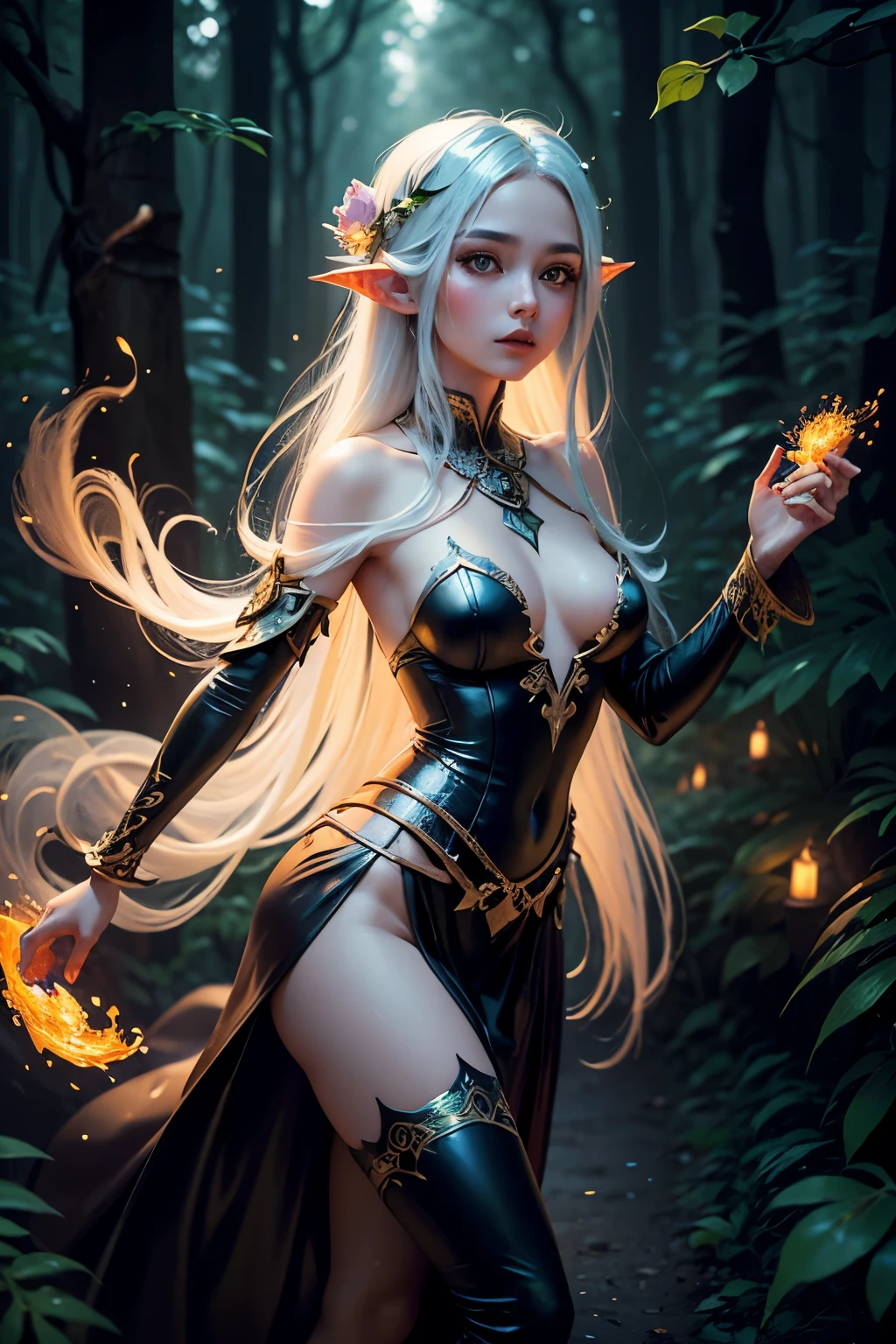 A beautiful exotic elf eyed Woman wanderer traveling through an enchanted elvish land, the land green and vines and thorns, elf gal dressed in flowing leather silk, silken leatherlike micro-skirt and billowing blouse in silken leather white black and gold with light blue colored graphic accents and splashes of fire red and sprays of orange light, in moonlight she wanders and walks searching, searching for a lost ancient meaning, life a form anguish and sounds of small lilting bells of scented flora sprinkle every in power color fireflies, flowers birds mighty tall evergreen, trees trunks, stumps, brush, paths, devils club, columbine, clematis, grape and ear, 36 thousand resolution, oil art, hyperdetailed, mystery and happiness