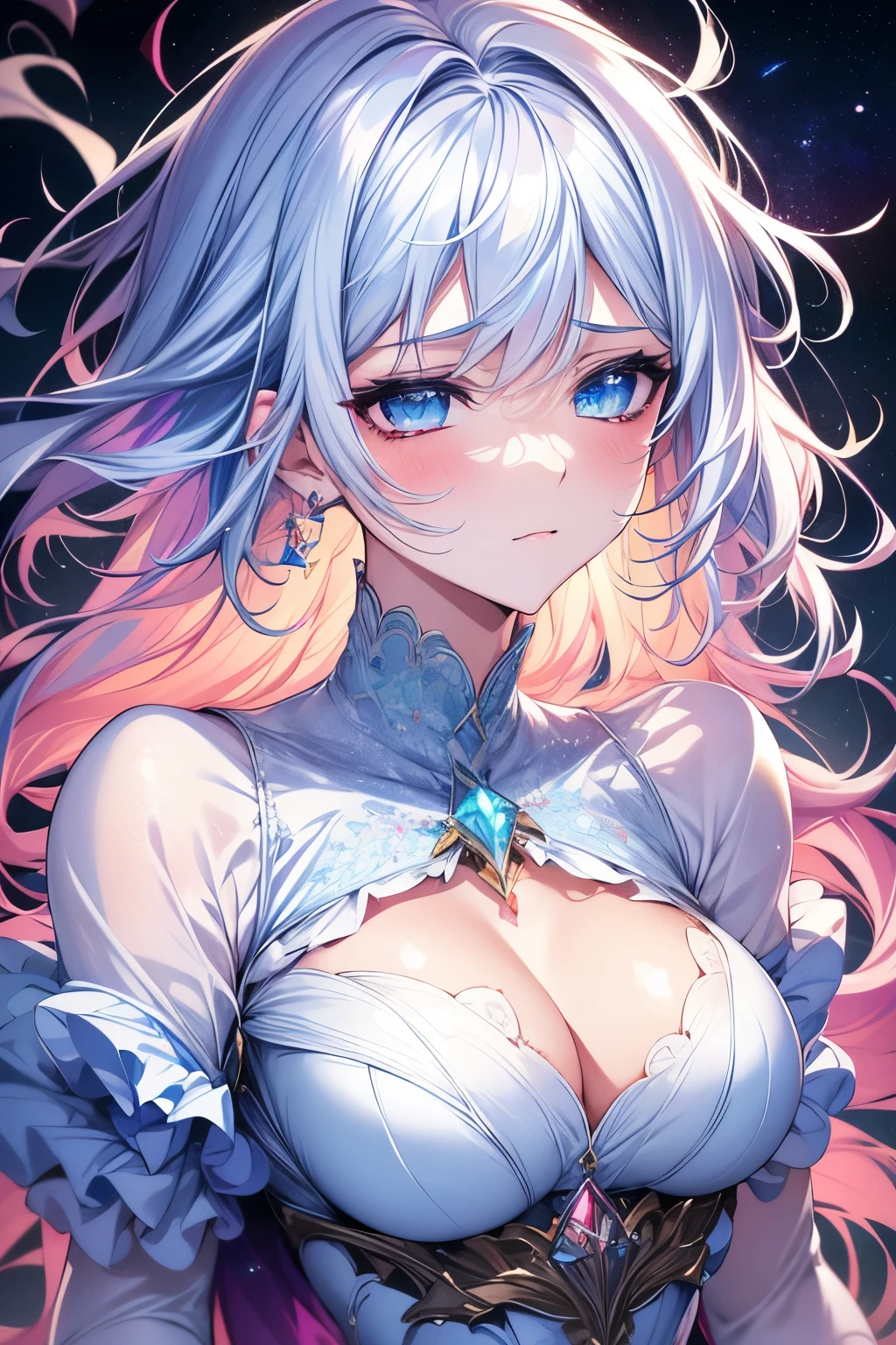 best quality, 32k, RAW photo, incredibly absurdres, extremely detailed, delicate texture, bust up of a beautiful woman with a sad expression looking back, many seven-colored light particles bursting in the fog, fantastic and mysterious, iridescent pastel colour, kaleidoscope, wind