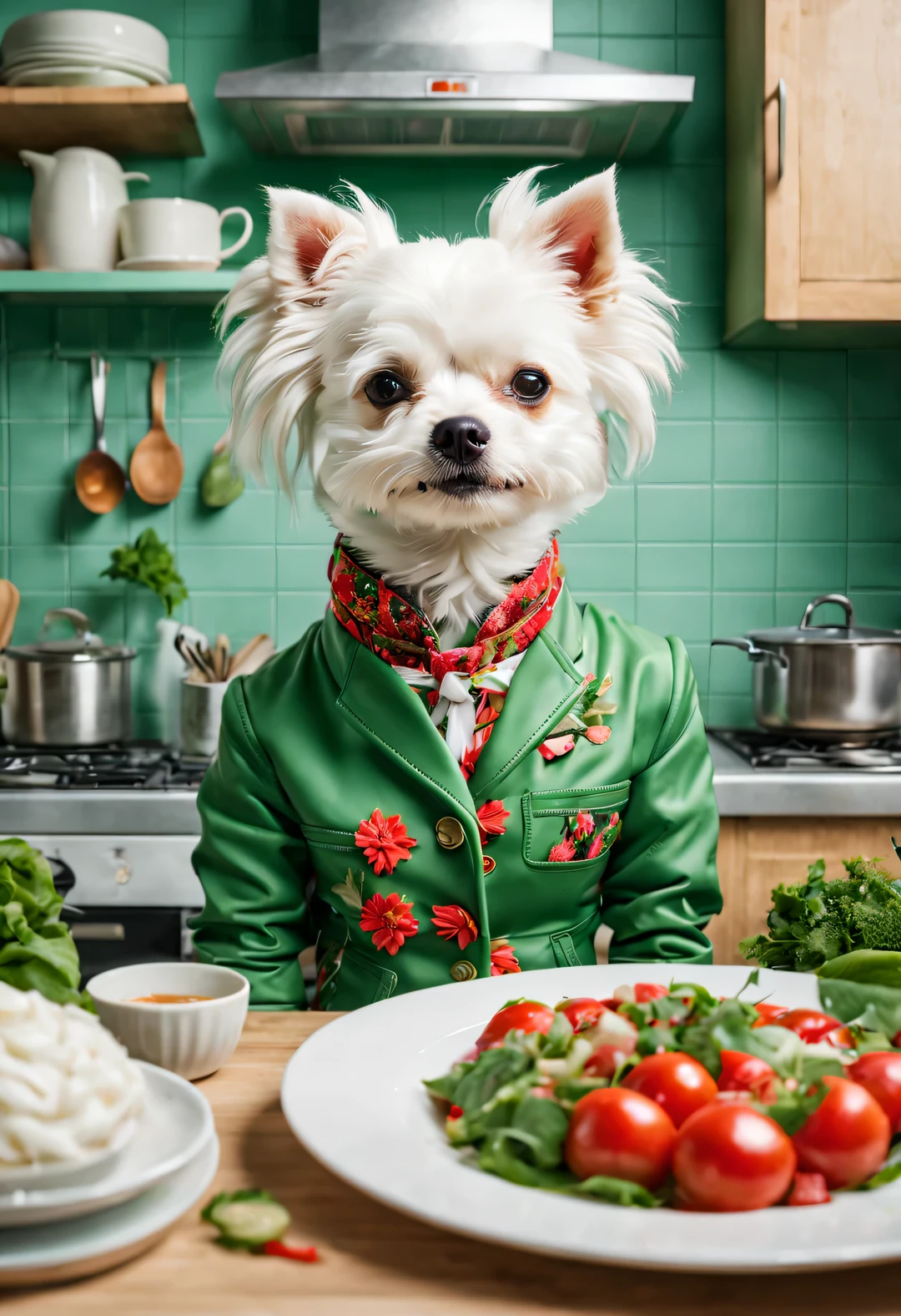 辫子小白狗女士and朋克发型大Shape狗绅士, Have fun cooking, fashionable, 搭配红色and绿色碎花夹克, personification, and嘻哈风格,
Backgroand: kitchen, high detail, super high quality, Surrealism, photo, 8k, interesting, comical, and: kitchen, high detail, super high quality, Surrealism,
