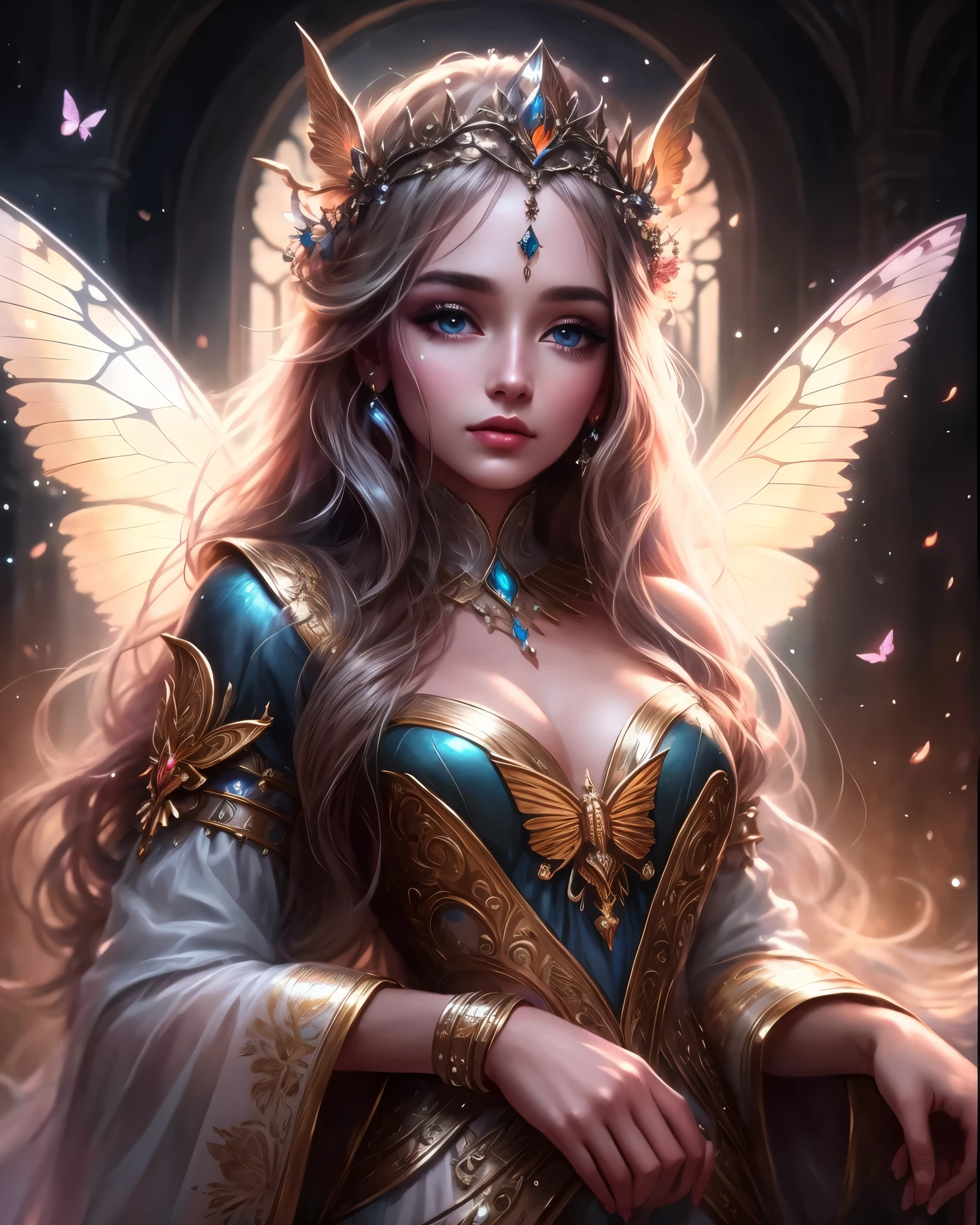 masterpiece, ultra wide shot, award winning shot, a woman with long hair and a crown on her head, beautiful butterfly wings on back, beautiful fantasy art, beautiful fantasy art portrait, beautiful fantasy portrait, very beautiful fantasy art, ethereal beauty, fantasy art style, detailed fantasy art, beautiful fantasy maiden, detailed fantasy digital art, beautiful maiden, digital fantasy art ), amazing fantasy art, a stunning portrait of a goddess, fantasy art portrait, beautiful detailed fantasy, Canon 2000D, UHD