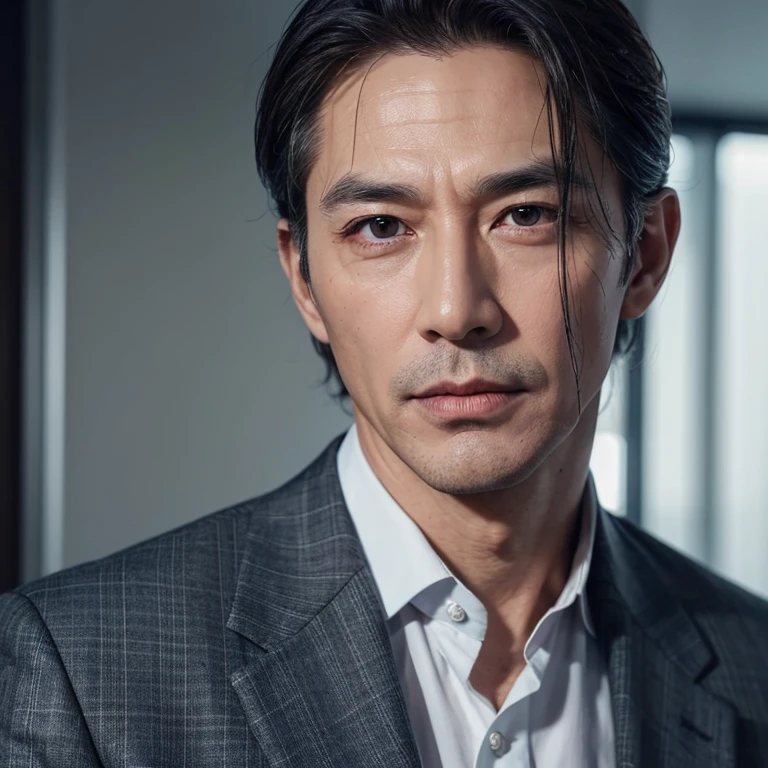 Handsome man, 55 years old, gentleman, neat man, handsome, frontal, upper body, honest, masculine, elegant business suit, perfect body, super detailed face, detailed lips, narrow eyes, double eyelid, silver ash