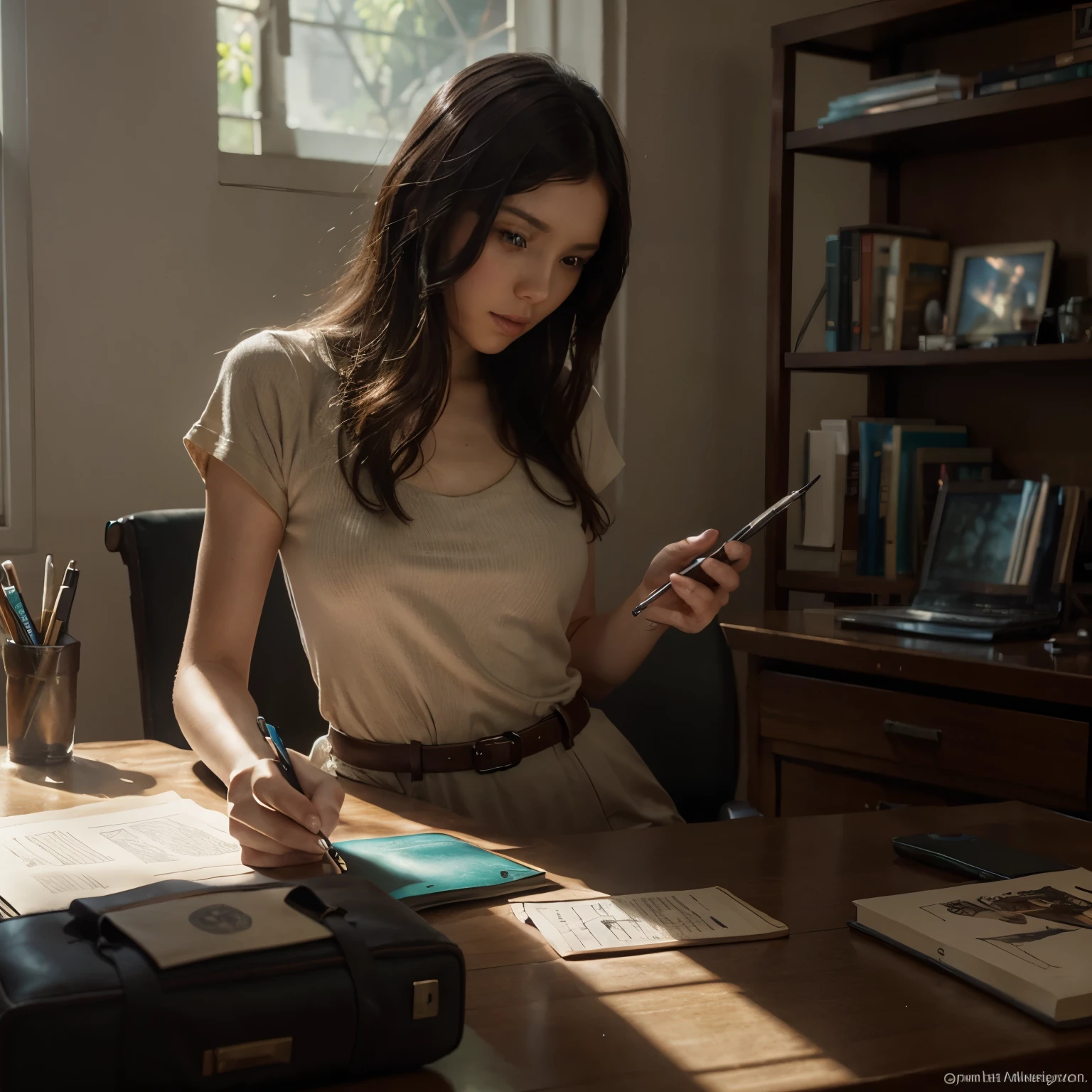There is a laptop and a study-like notebook on the desk, and there is also a pencil. A cup of coffee has a little smoke, and the laptop screen is off. Ghibli Studio
, unreal engine, greg rutkowski, loish, rhads, beeple, makoto shinkai and lois van baarle, ilya kuvshinov, rossdraws, tom bagshaw, alphonse mucha, global illumination, detailed and intricate environment