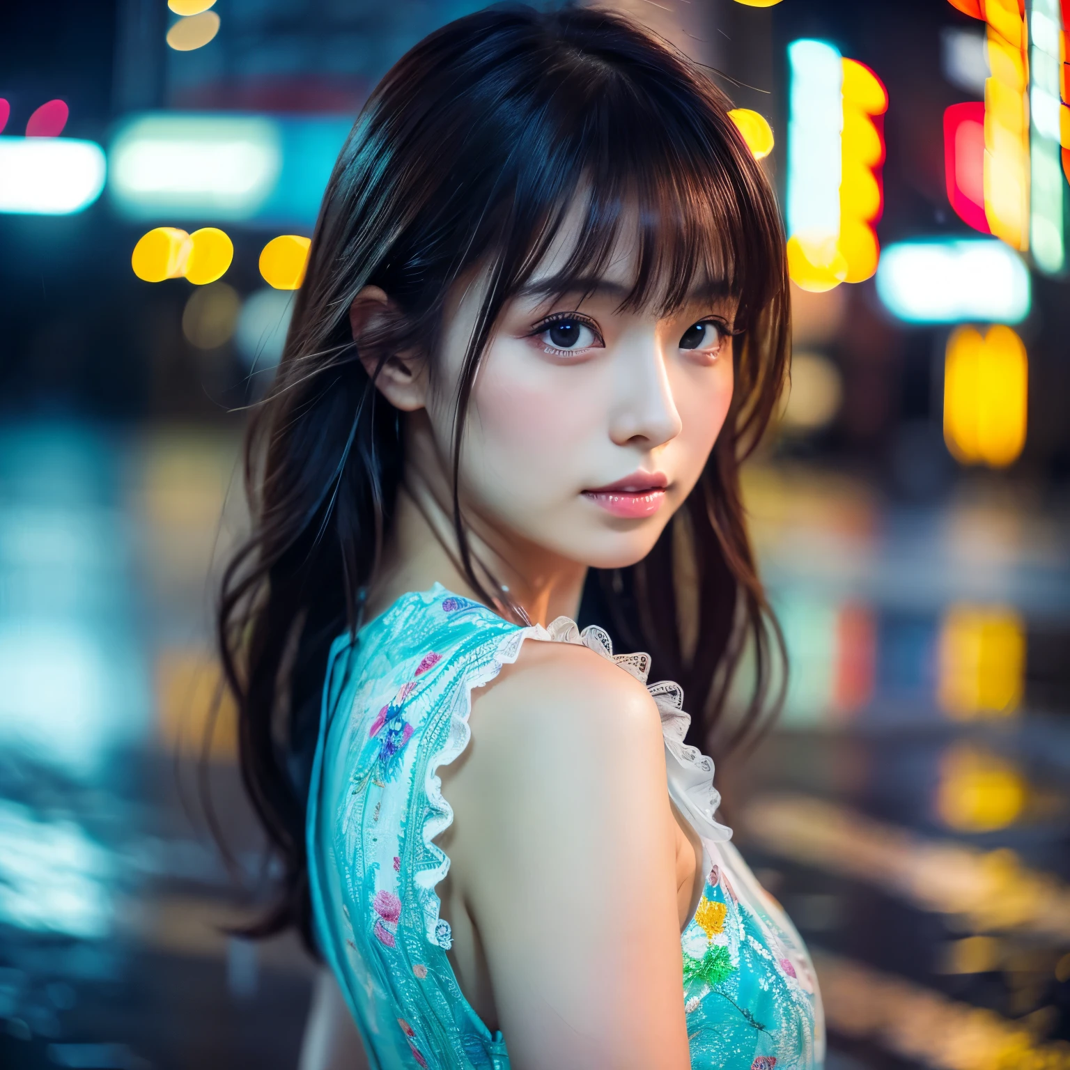 (best quality,4k,highres,ultra-detailed),beautiful japanese women,transparant dress,with wet look,rainy scene,gun in her hand,detailed eyes and face,alluring expression,long hair,feminine,stylish,graceful,posing confidently,serene atmosphere,soft lighting,colorful umbrella,reflections on the wet ground,falling raindrops,vivid colors,bokeh,photorealistic portrait