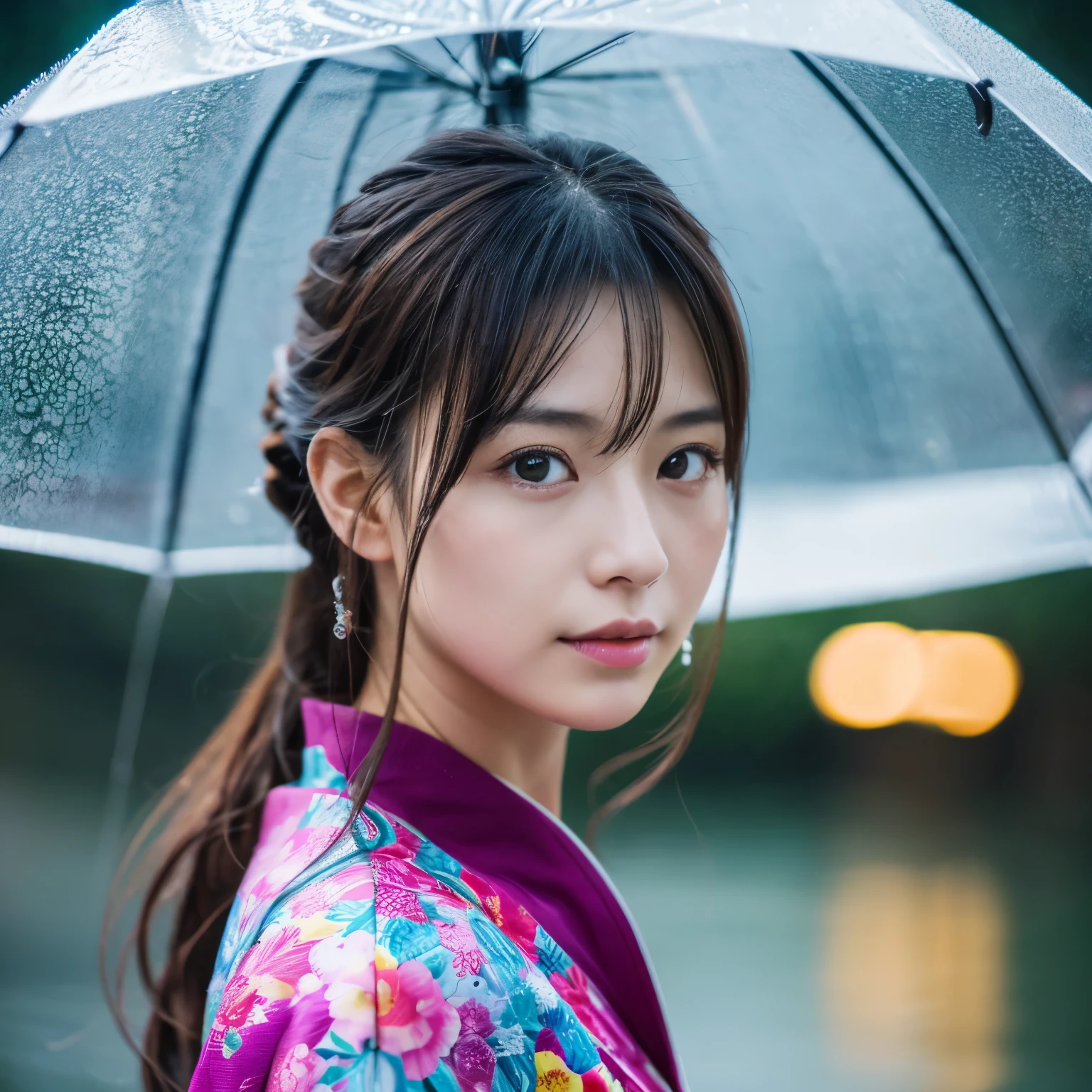 (best quality,4k,highres,ultra-detailed),beautiful japanese women,transparant dress,with wet look,rainy scene,gun in her hand,detailed eyes and face,alluring expression,long hair,feminine,stylish,graceful,posing confidently,serene atmosphere,soft lighting,colorful umbrella,reflections on the wet ground,falling raindrops,vivid colors,bokeh,photorealistic portrait