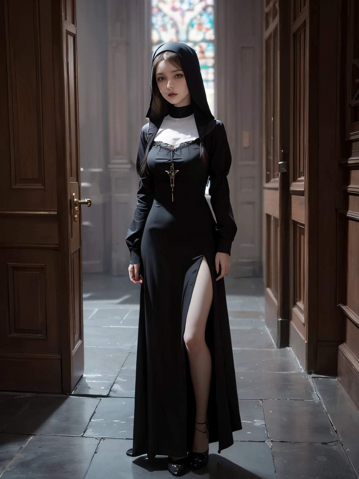 arafed nun with a black and white photo of her hands on her face, nun fashion model, nun fashion model , nun outfit, nun, single scary female vampire nun, majestic saint woman, mistress, black-white skintight robes!