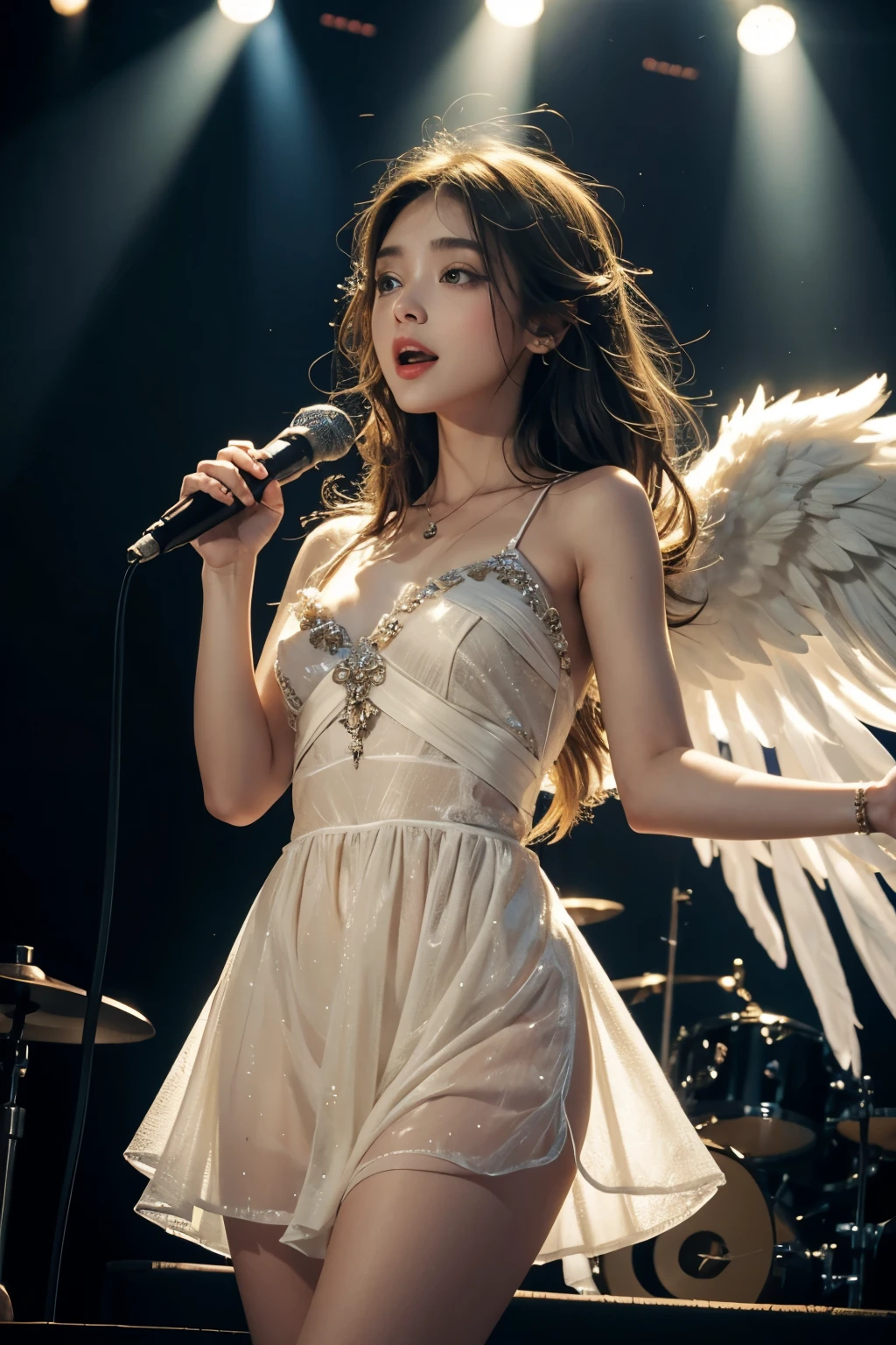 Beautiful angel girl singing on a stage