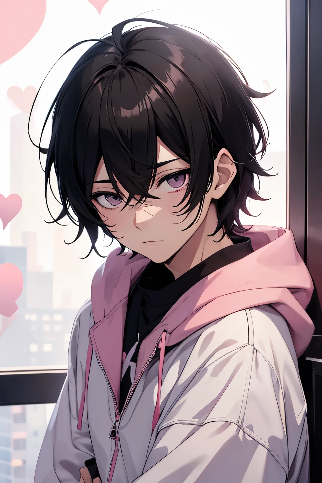 Anime Male, , Black Hair with Black Eyes, White and Pink Clothes, Gloomy, Loveable, Tired, Morning Window Background, Close-up Portrait, Hearts