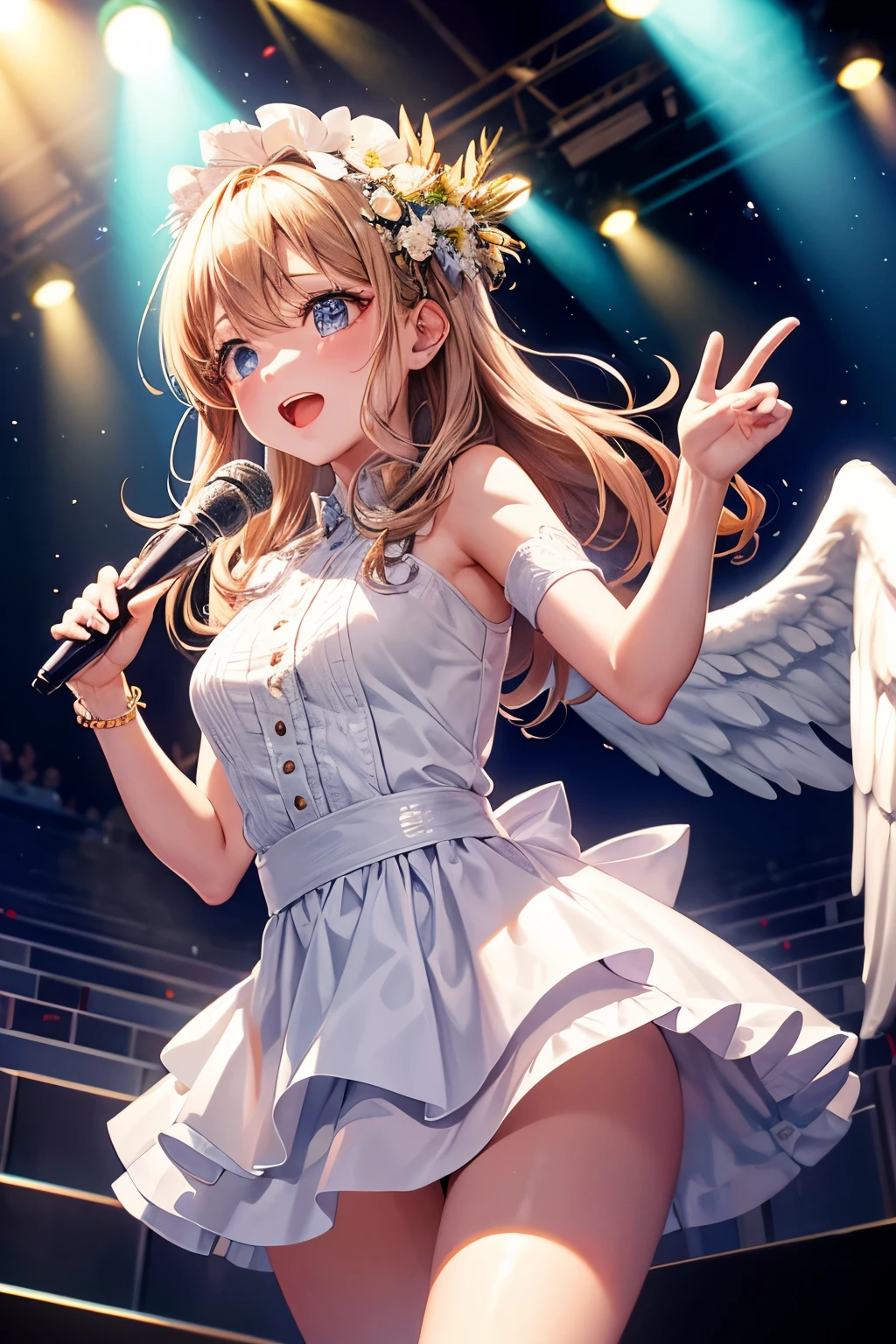 Beautiful angel girl singing on a stage