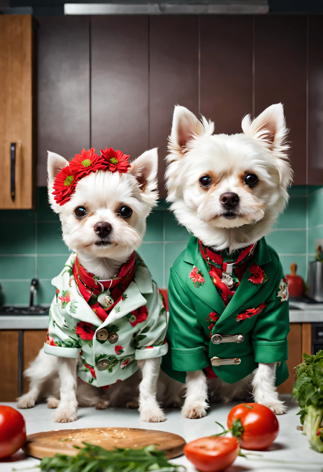 辫子小白狗女士and朋克发型大Shape狗绅士, The couple's dog is happily cooking, fashionable, 搭配红色and绿色碎花夹克, personification, and嘻哈风格,
Backgroand: kitchen, high detail, super high quality, Surrealism, photo, 8k, interesting, comical, and: kitchen, high detail, super high quality, Surrealism,