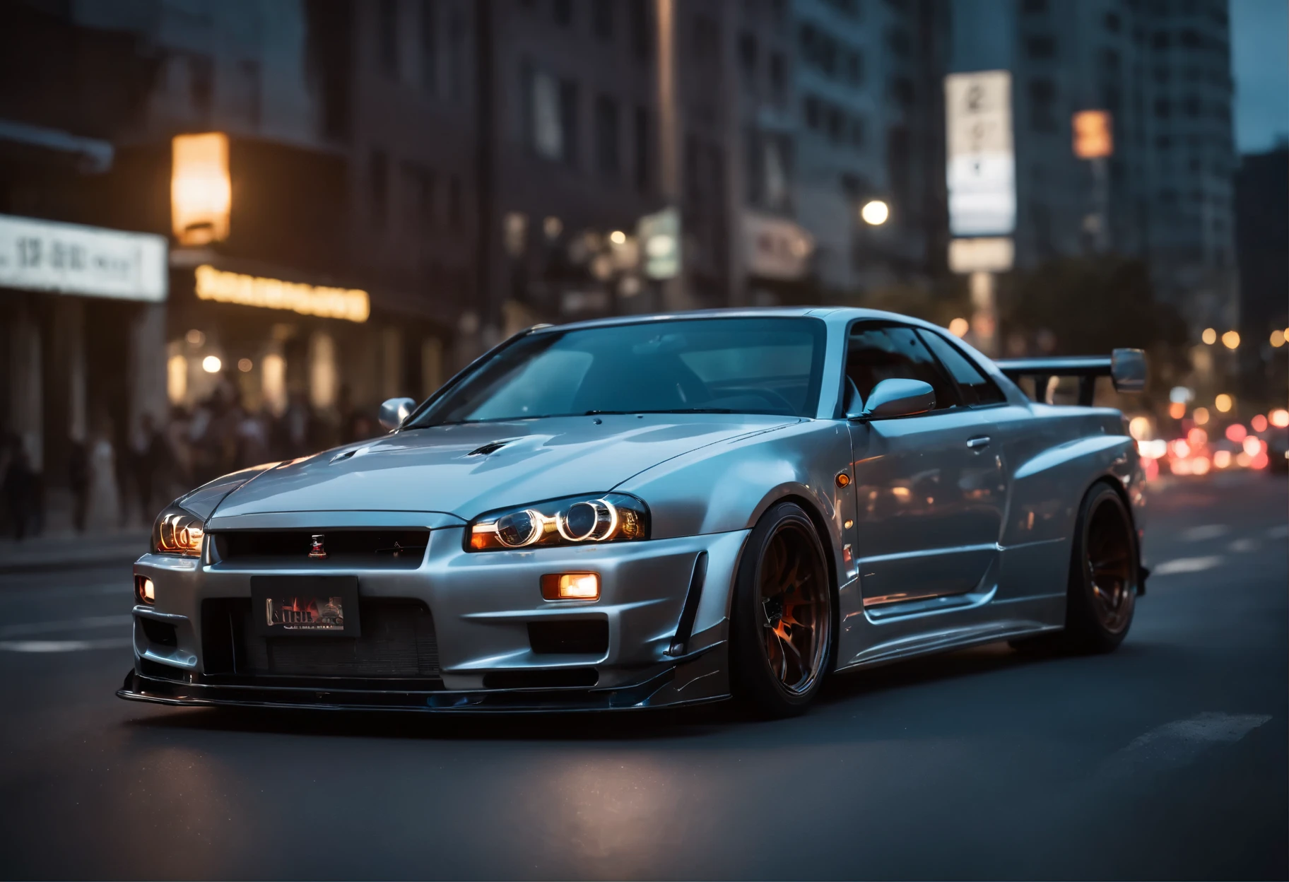 (best quality,4k,8k,highres,masterpiece:1.2),ultra-detailed,(ultra-realistic,photorealistic,photo-realistic:1.37), Nissan Skyline (R34) driving through the streets of Seoul at night,portraits,landscape,night cityscape,glowing neon lights,vibrant colors,shadows and reflections,modern skyscrapers,fast and furious,exciting atmosphere,streets filled with energy,motion blur,dramatic perspective,deep contrast,urban life,city nightlife, sleek design,street racing culture,high-performance sports car,city lights,light trails,fast cars,date night,need for speed.