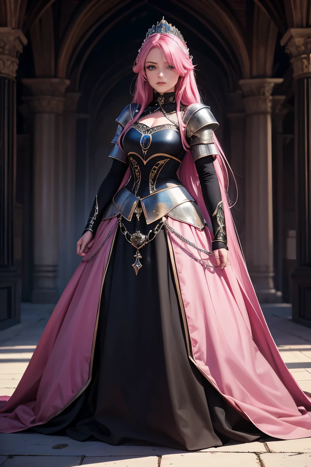 a girl, pink hair, long hair, blue eyes, long black and shiny princess dress, medieval style, medieval armor, warrior, best quality, masterpiece.