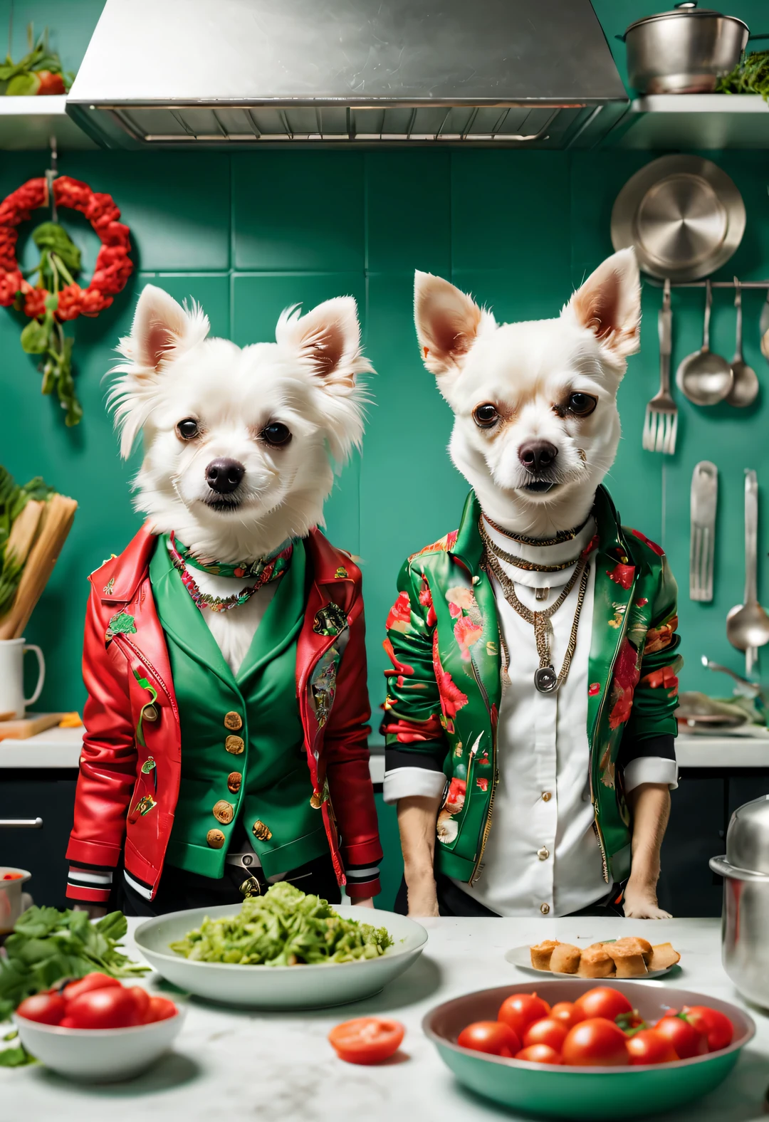 辫子小白狗女士and朋克风格先生. happy dog, Dogs happily cooking, affectionate expression, Fashion, 红色and绿色的花卉夹克, personification, and嘻哈风格,
Backgroand: kitchen, high detail, super high quality, Surrealism, photo, 8k, interesting, comical, and: kitchen, high detail, super high quality, Surrealism,
