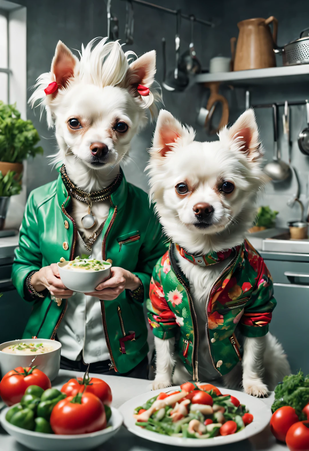 辫子小白狗女士and朋克风格先生. happy dog, Dogs happily cooking, affectionate expression, Fashion, 红色and绿色的花卉夹克, personification, and嘻哈风格,
Backgroand: kitchen, high detail, super high quality, Surrealism, photo, 8k, interesting, comical, and: kitchen, high detail, super high quality, Surrealism,