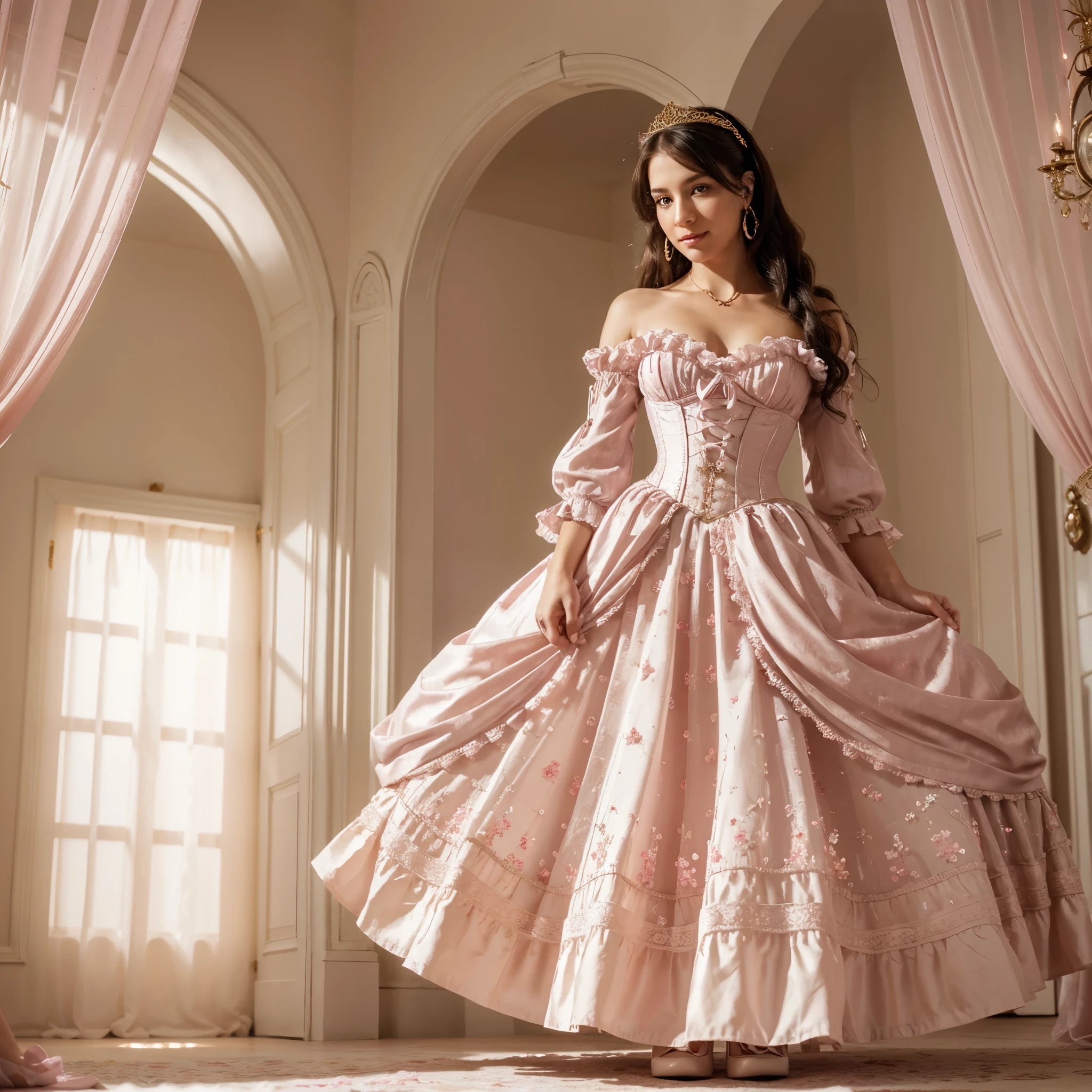 (best quality,4k,8k,highres,masterpiece:1.2),ultra-detailed, closed up portrait of a Teenage boy who got magically transformed into a cute princess, gender bending, fantasy, royalty, fantastic transformation, Medium: Anime-style, portraits Additional details: Soft sunlight filters through the curtains, casting a warm glow on the room. pink eyes, long curly black hair, is happy, joyful expression, playful and feminine pose, effeminate and dainty body, very girly face, pink puffy victorian gown, dominant hues of pink and white, bodice with sleeves, bustle, physically-based rendering,gorgeous dress design,flowing gown,elaborate lace details,rich textures,contrast stitching,delicate ribbon bows,floral accents,full skirt,long sleeves,fitted waistline,flared cuffs,lace-up back,luxurious fabrics,flawless silhouette, petticoat, bloomers, white elbow gloves, corset, tiara, gold earrings and necklace, ribbons, high heels, lipstick, makeup, blue eyeshadow, standing in a castle ballroom with a elegant manners, glowing magical aura, masterpiece, dominant hues of pink and white, bokeh, highly detailed, 4K
