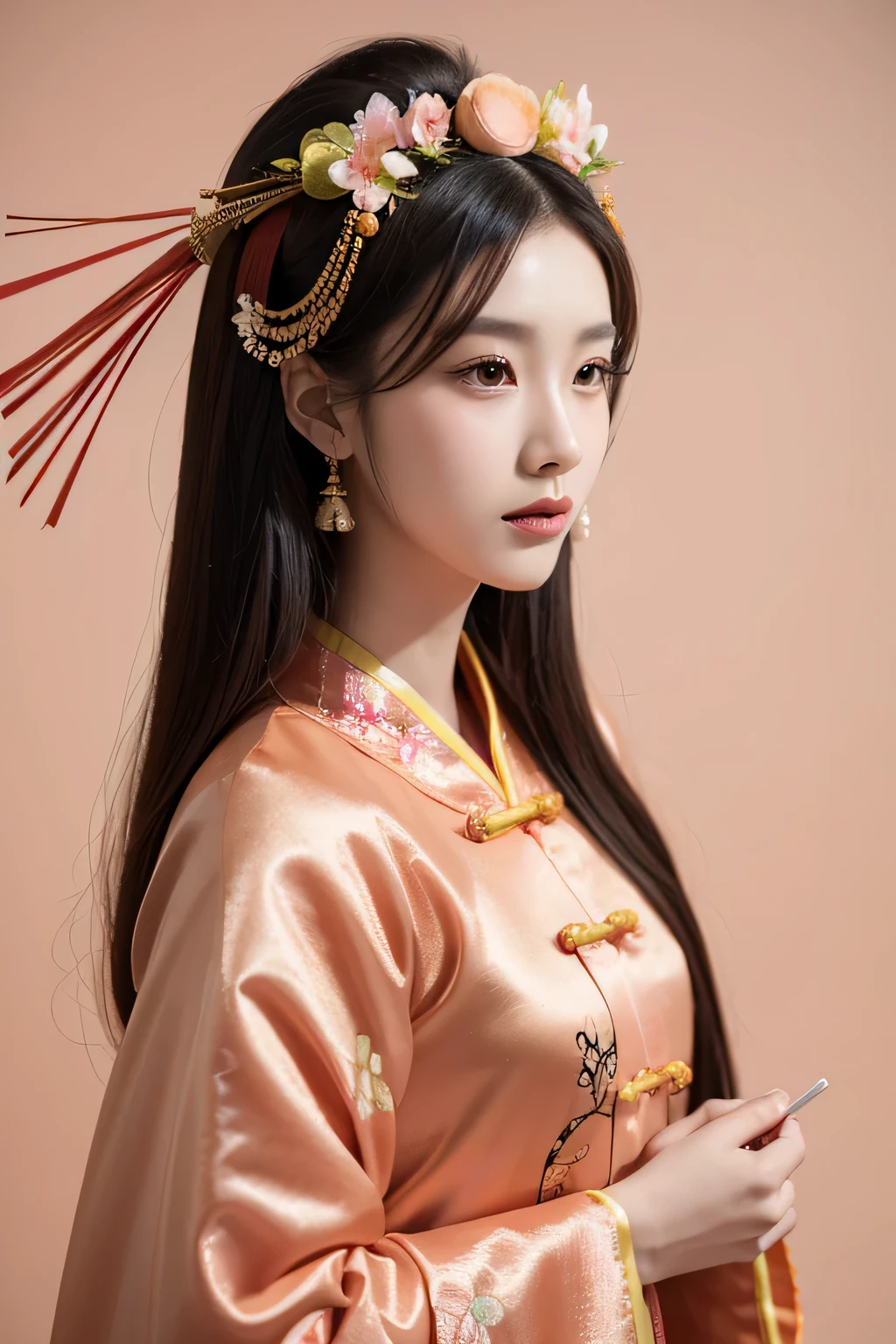 Chinese costume queen，Peach blossom background，pink clothes，Pan head，Wearing a phoenix on the head，HD realism，