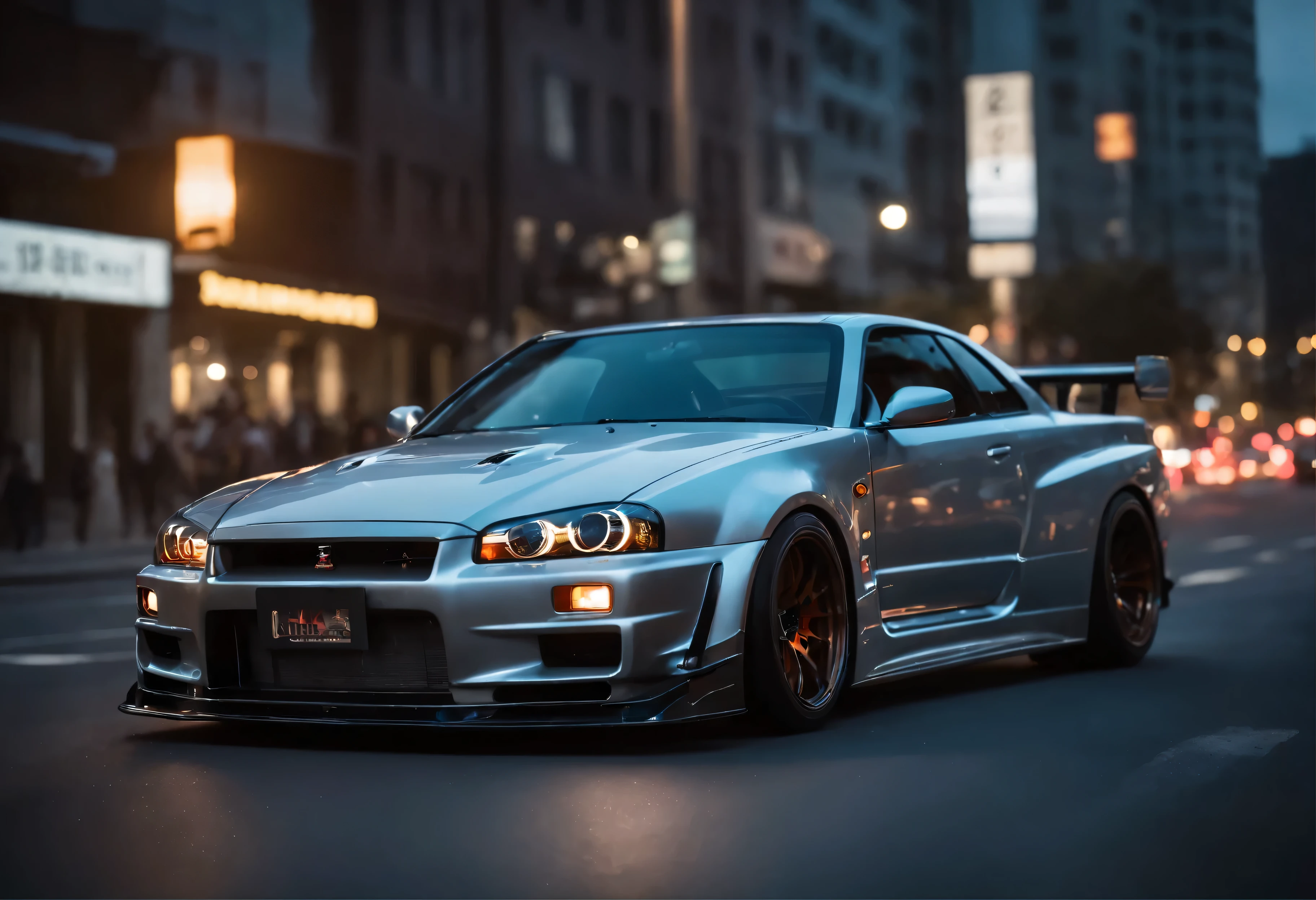 (Best quality,4K,8K,a high resolution,masterpiece:1.2),ultra detailed,(ultra-realistic,photorealistic,photorealistic:1.37), Nissan Skyline (R34) driving through the streets of Seoul at night,portraits,landscape,ночной городской landscape,glowing neon lights,bright colors,Shadows and reflections,modern skyscrapers,Afterburner,Immersive atmosphere,the streets are filled with energy,Blur,dramatic perspective,deep contrast,Urbanity,The city's nightlife, Sleek design,street racing culture,high performance sports car,City lights,easy trails,Fast cars,date,Need for speed.