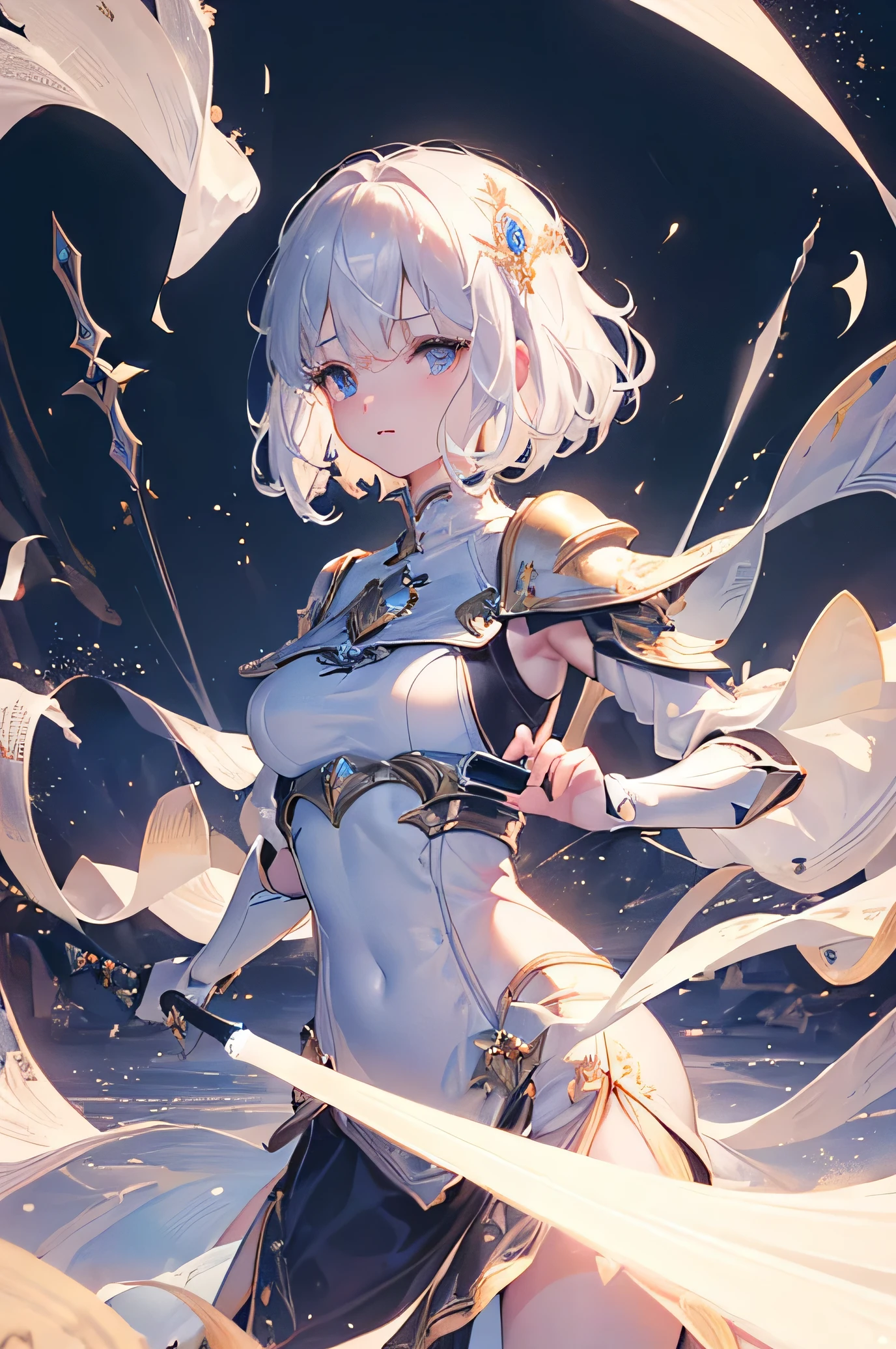 (masterpiece: 1.2), perfect face, (Highly detailed CG Unity 8K wallpaper, masterpiece, highest quality, Super detailed), (best illumination, best shadow, very delicate and beautiful), nice, dynamic, 1 adult female character (dynamic pose) and silvers (princess cut hair: 1.3) light pillars, sword of enveloping light, ergonomic, whole body white background armor warrior