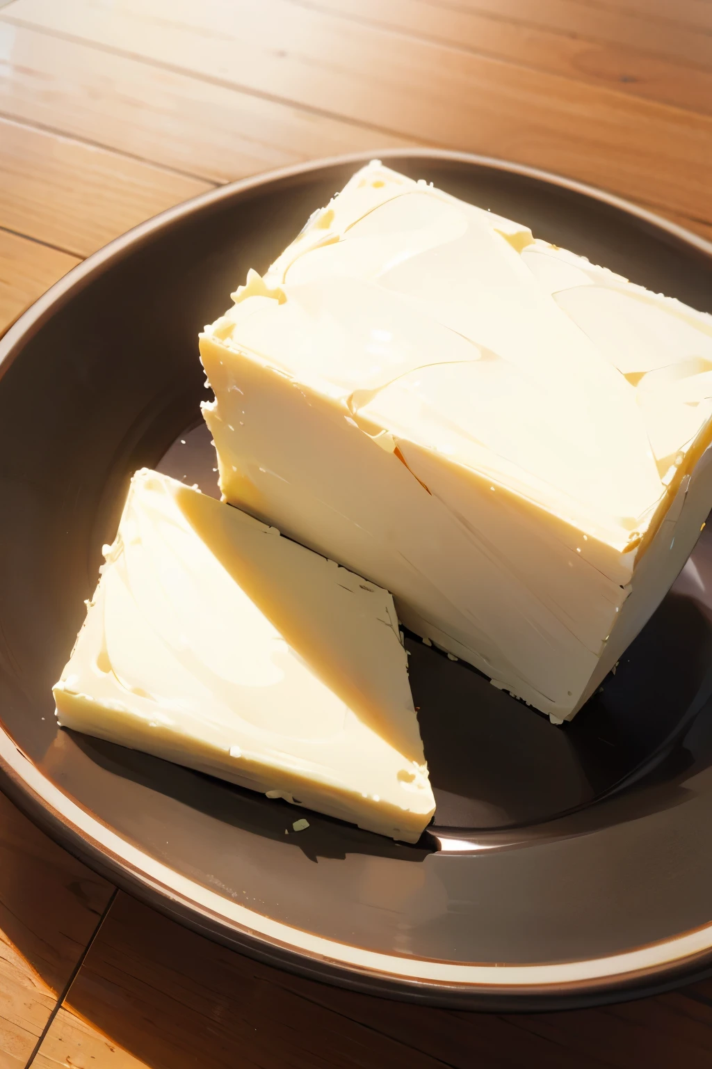 a piece of butter on a plate, wooden table, 4k, medium shot, summer
