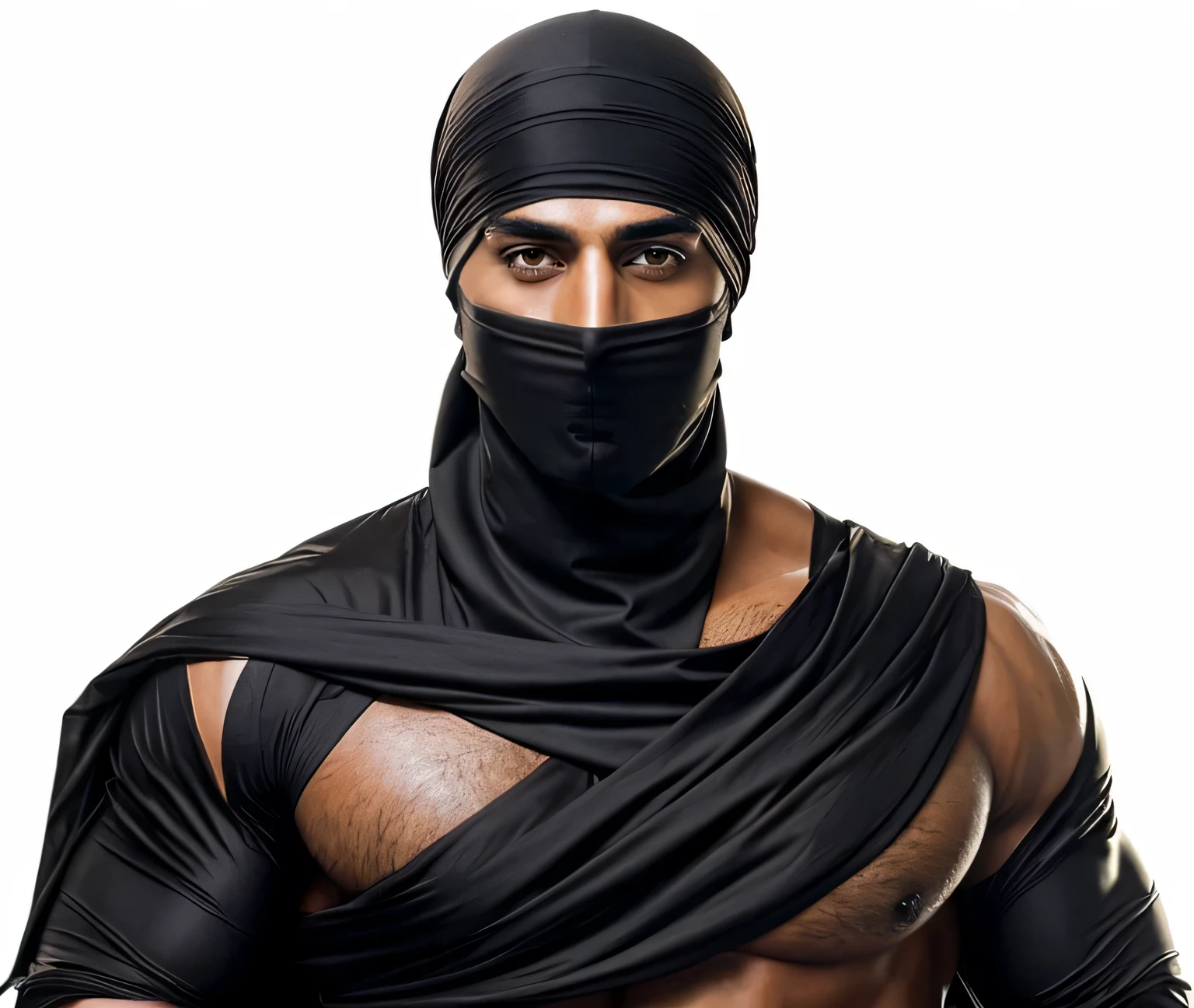 A slim muscular arab guy , tanned , very tanned , oiled body , face black bandages turban , face black bandages veil , cheekbones , anger arabian eyes , long eyelashes , brown arabian eyes , detailed , realistic , detailed eyes , realistic eyes , big chest , hot beefy chest , big nipples , hot nipples , chest Vitiligo , oiled chest 