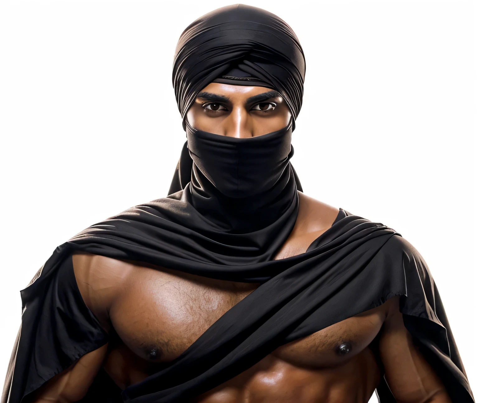 A slim muscular arab guy , tanned , very tanned , oiled body , face black bandages turban , face black bandages veil , cheekbones , anger arabian eyes , long eyelashes , brown arabian eyes , detailed , realistic , detailed eyes , realistic eyes , big chest , hot beefy chest , big nipples , hot nipples , chest Vitiligo , oiled chest