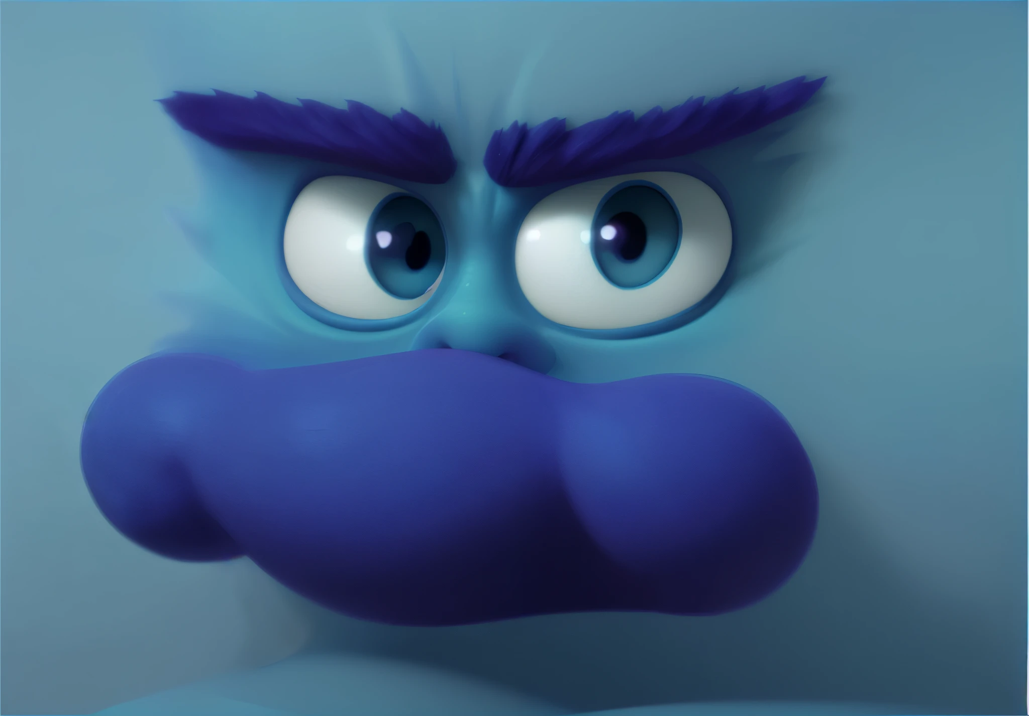 Troll from the cartoon "Trolls", blue troll face, textured light blue skin, blue hair texture, blue hair hairstyle, clear round blue eyes, purple troll nose, blue thick eyebrows, emotion of discontent glossy texture, smooth 3d model, multiple sources light, edge light, sharp post effects rendering, detailed ultra sharp image, (multiple refractions of large light probes), perfect CG, CG created only with gradients, smooth silhouette, high intensity refraction (super glossy 3D material) , the most beautiful visual effects, blue background, 3D refractions.