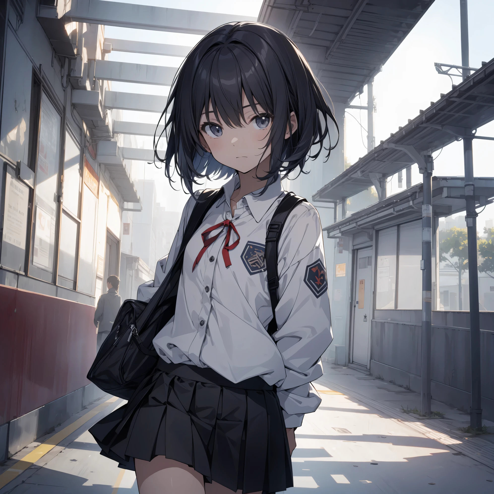 Super high quality by the art god, super detailed, High resolution, Shinkai Makoto style, anime moe art style, best anime 8K konachan wallpaper, pixiv contest winner, perfect ???????, break,(眠そうにalone学校へ行く女の子を描いてください. ),view from above,break, 1 girl, (alone,little woman, lolita, , 13 years old:1.3),All limbs, full finger,, The charm of an immature body, (very short hair), flat chest, small ass, between legs, Small black eyes, beautiful and fine eyes, Well-proportioned iris and pupils, expressive eyes, High resolutionの詳細な髪, wearing school uniform, (skirt),(detailed lighting), (detailed background), On the way to school. break,super dense skin, Best lighting by famous artists, 8K, figure,UHD, rough skin