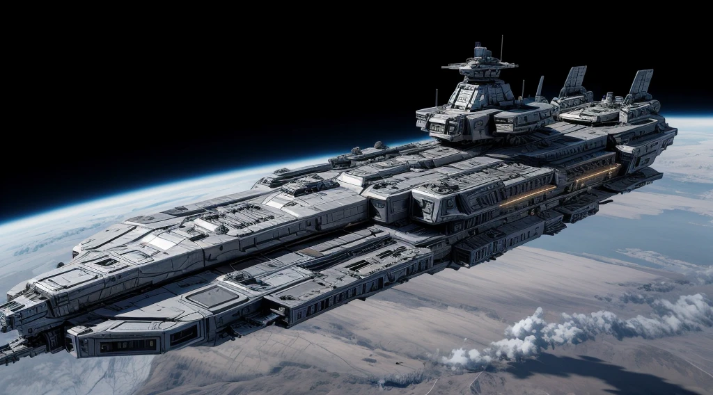 Burning spaceship masterpiece, Best quality:1.2, very high detail, ultra quality, artillery towers on the sides, flat two-level case, earth's atmosphere,
