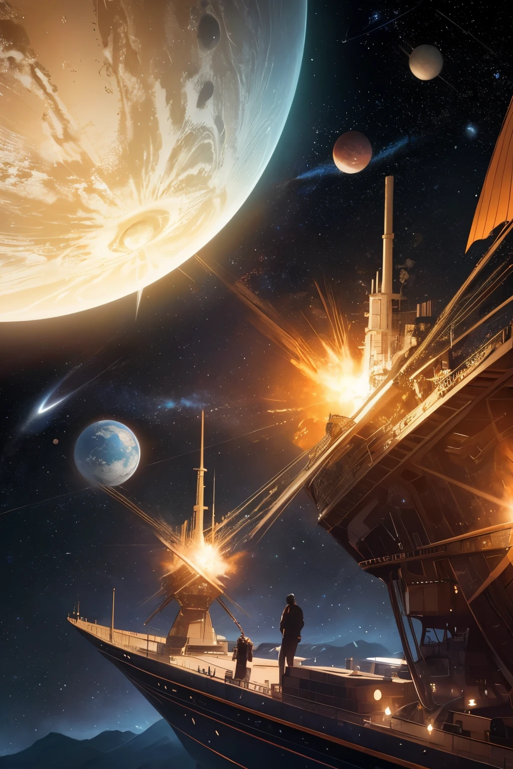 Ultra-realistic 8K CG, masterpiece, best quality, a scene in outer space, detached thoughts -Space and Ship-, intricately detailed,
Space, vast and endless, a canvas of stars and galaxies, every celestial body meticulously painted with ultra-realistic textures and lifelike hues,
Stars twinkling in the distance, their fiery core conveyed with delicate brushstrokes, planets orbiting in perfection, each one unique in shape and color,
Silver-lined ships, suspended amidst the cosmos, separated from the endless expanse by a thin thread of light,
Ships, intricately designed, engines humming with mechanical
