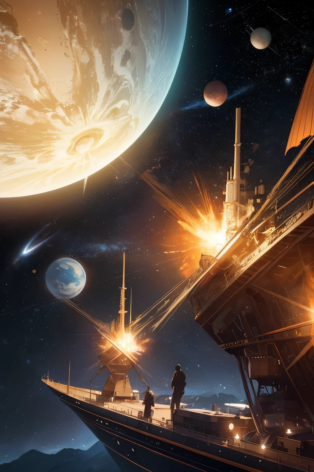 Ultra-realistic 8K CG, masterpiece, best quality, a scene in outer space, detached thoughts -Space and Ship-, intricately detailed,

Space, vast and endless, a canvas of stars and galaxies, every celestial body meticulously painted with ultra-realistic textures and lifelike hues,
 Stars twinkling in the distance, their fiery core conveyed with delicate brushstrokes, planets orbiting in perfection, each one unique in shape and color,
 Silver-lined ships, suspended amidst the cosmos, separated from the endless expanse by a thin thread of light,
 Ships, intricately designed, engines humming with mechanical