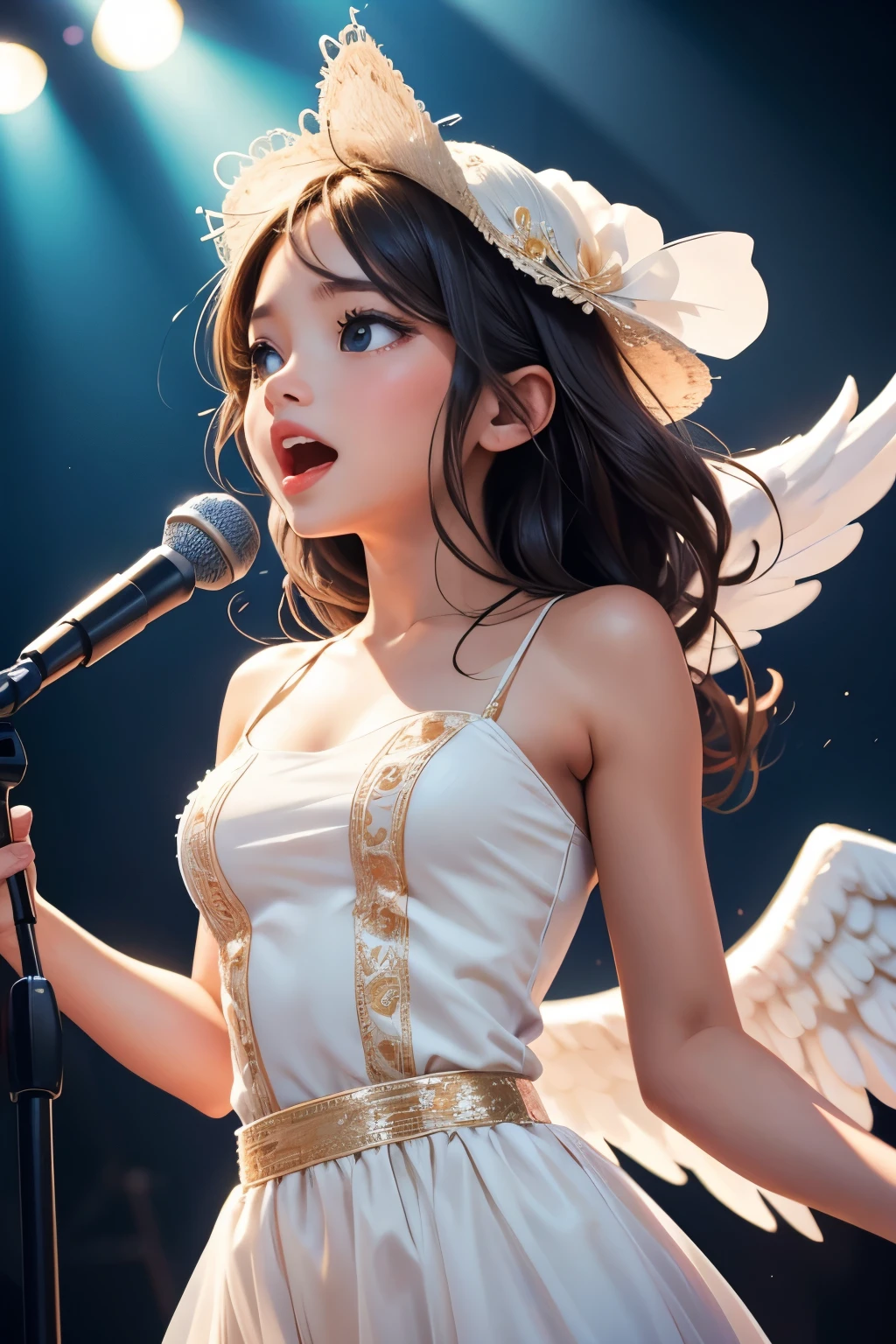 Beautiful angel girl singing on a stage