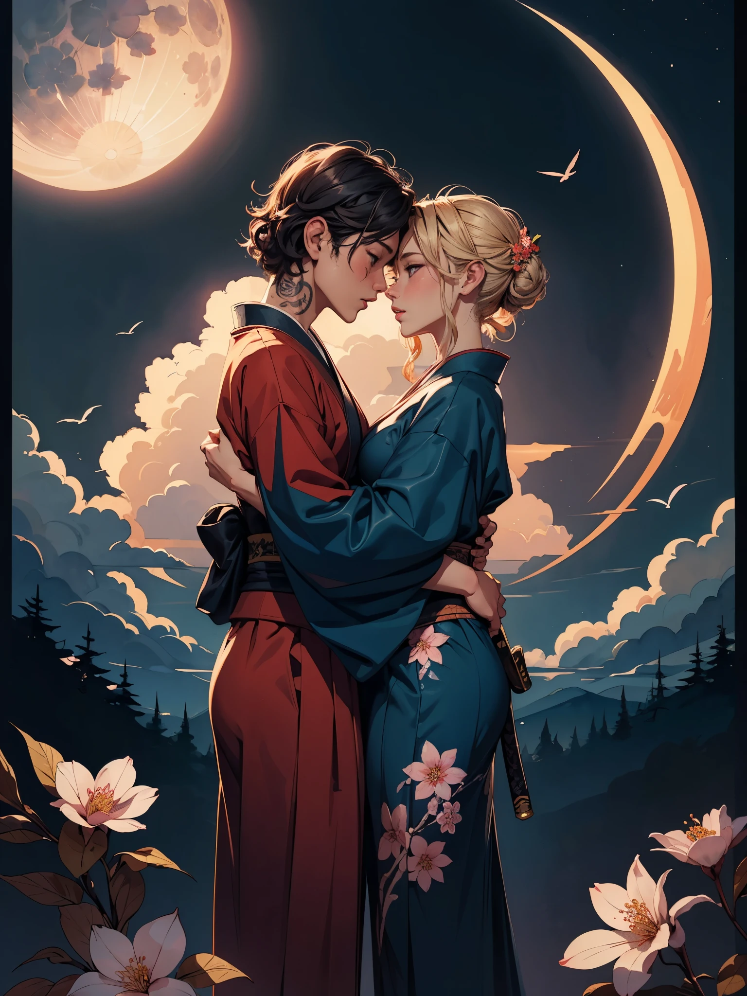 (​masterpiece、top-quality、top-quality、watercolor paiting(Curly)、Official art、Beautifully Aesthetic:1.2)、(1girl in:1.3)、(Fractal Art:1.3)、(Kimono)、The upper part of the body、From Side、looking at the viewers、patterns、Flowers and Birds Fugetsu、Yuki、Thousand Cranes、​​clouds、lantern、starrysky、stele、(Masterpiece, Best Quality), 8k Wallpaper, highly detailed, sexy female ronin, male ronin, hugging, samurai, cherry blossom flowers border, japanese tattoos,  katana, japan, night, moonlight, vector style art, erotic, movie poster style, lettering.