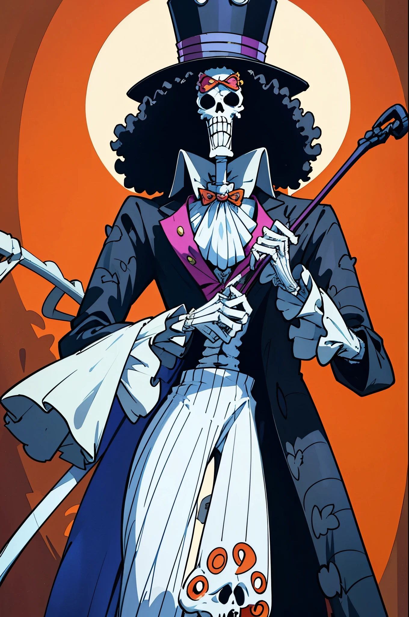 brook from one piece, man, skeleton. Brook is an extremely tall skeleton dressed in formal attire complete with top hat and cane. Standing at 266 cm in height. Despite having no skin, he still has an afro.