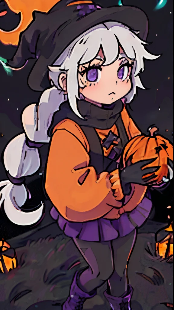 A Girl in long black sweater, in Witch hat for Halloween , holding Pumpkin with candle lit inside in both hands, Busy pumpkin patch and moonlit scene in the background of her, (white hair, large messy braided pigtails, orange streaks, messy hair), ((orange and black loose leggings, short black and purple skirt, black goth boots)), high quality, detailed, detailed eyes