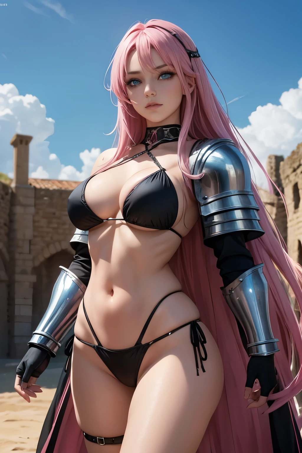 a girl, pink hair, long hair, blue eyes, long black and shiny bikini, medieval style, medieval armor, warrior, best quality, masterpiece. 