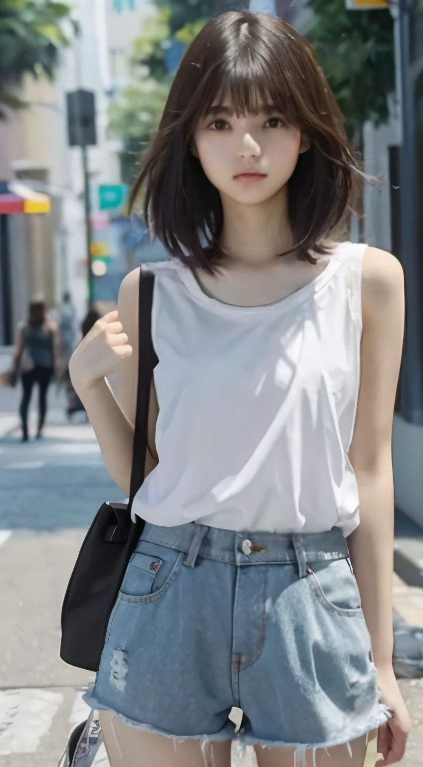 teenage girl Solo Sleeveless shorts shortcut black haired Transparency