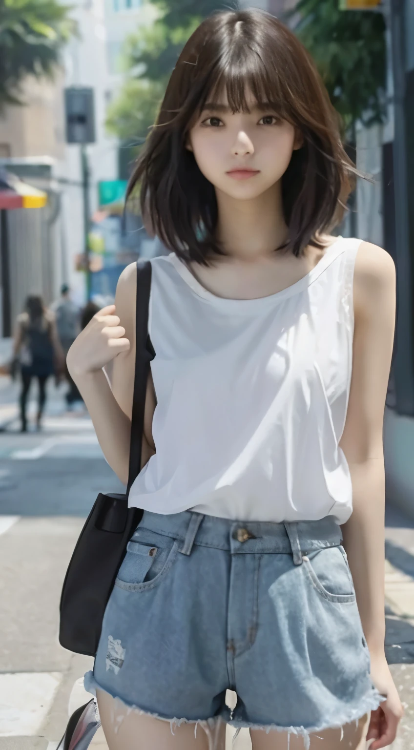 teenage girl　Solo Sleeveless　shorts　shortcut　black haired　Transparency