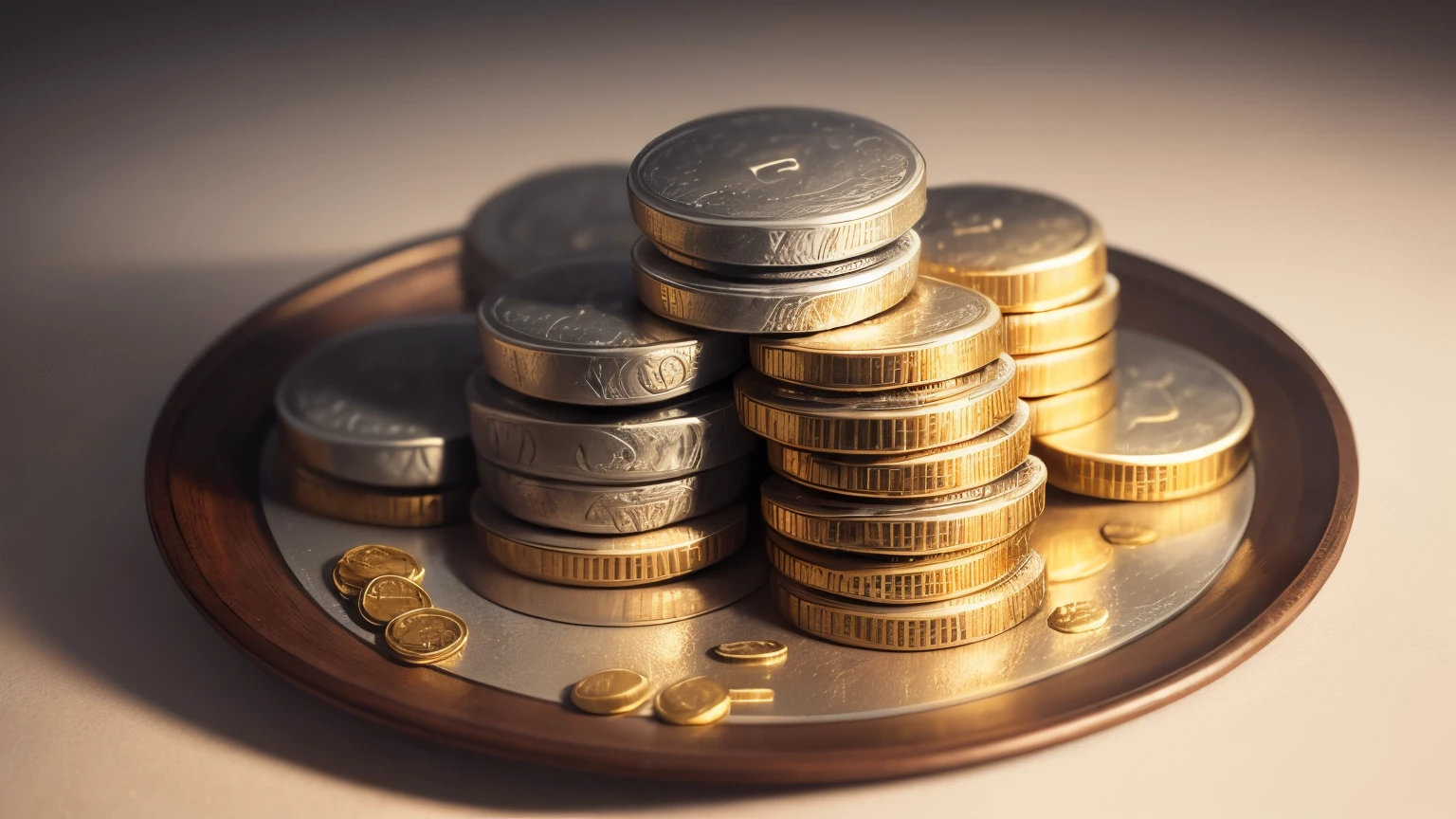 Pile of gold and silver coins poured from a small leather bag, detailed photo shot, atmospheric cinematic lighting, perfect details, in the neutral white background environment, cinematic lighting, contrast lighting, dslr, insanely intricate details, amazing fine detail, hyper detailed, sharp focus, ultra high res