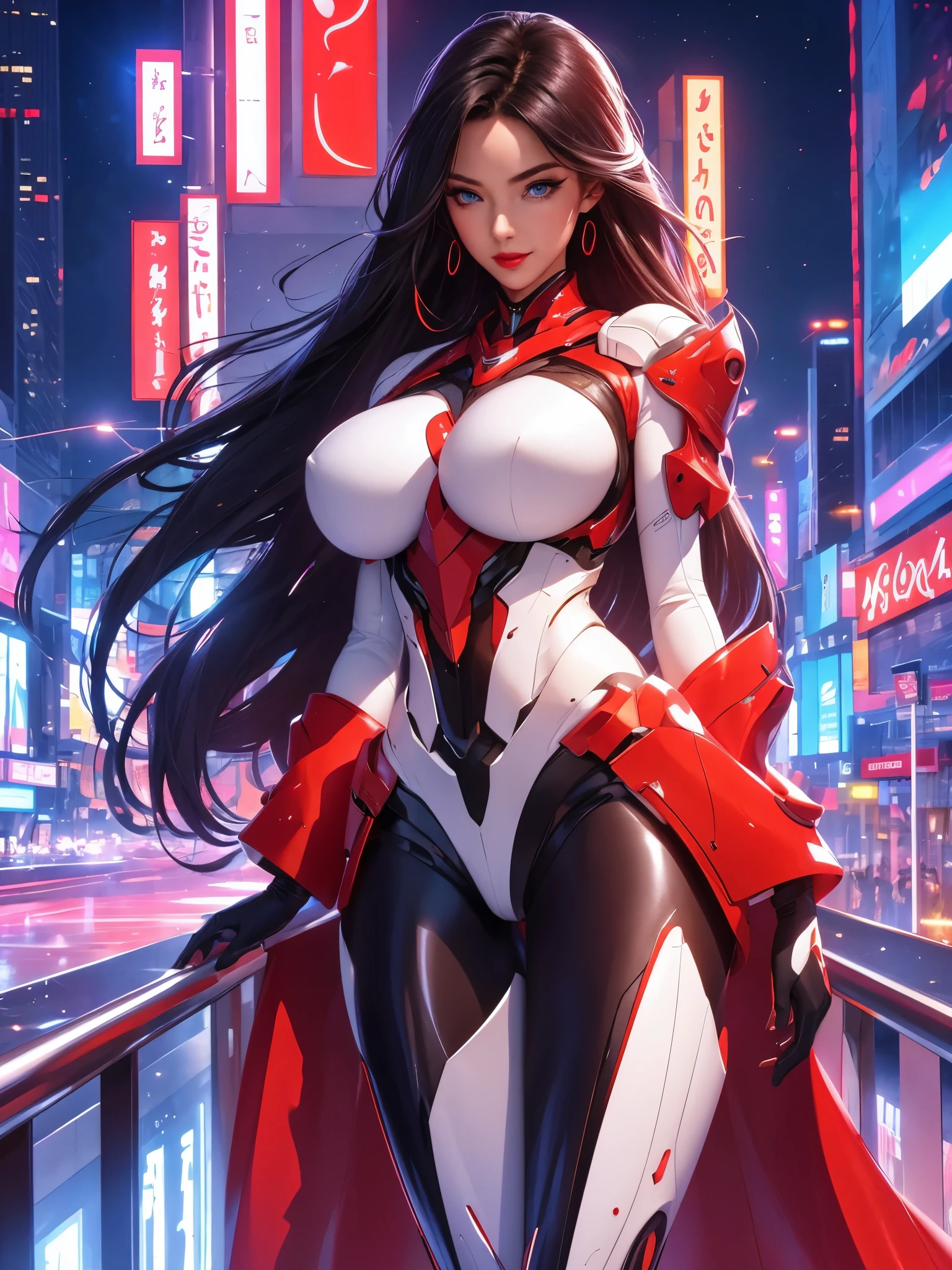 26 year old woman, beautiful face, fair skin, very long flowing black hair, blue eyes, red lips,button nose,perfect body, curvaceous body, huge breasts, slim waist, wide hips,mecha armor,modern city,night,city lights,wonderful,impressive scenery,exciting,ultra-modern,technology-driven,sleek design,dynamic,futuristic,fast-paced,majestic skyscrapers,glowing neon lights,vibrant colors,shimmering reflections,illuminated streets,glamorous,female elegance,chic attire,captivating smile,perfectly styled hair,determined gaze,high-quality,masterpiece:1.2,ultra-detailed,realistic:1.37, HDR,UHD,studio lighting,professional,vivid colors" on balcony of a tall hotel