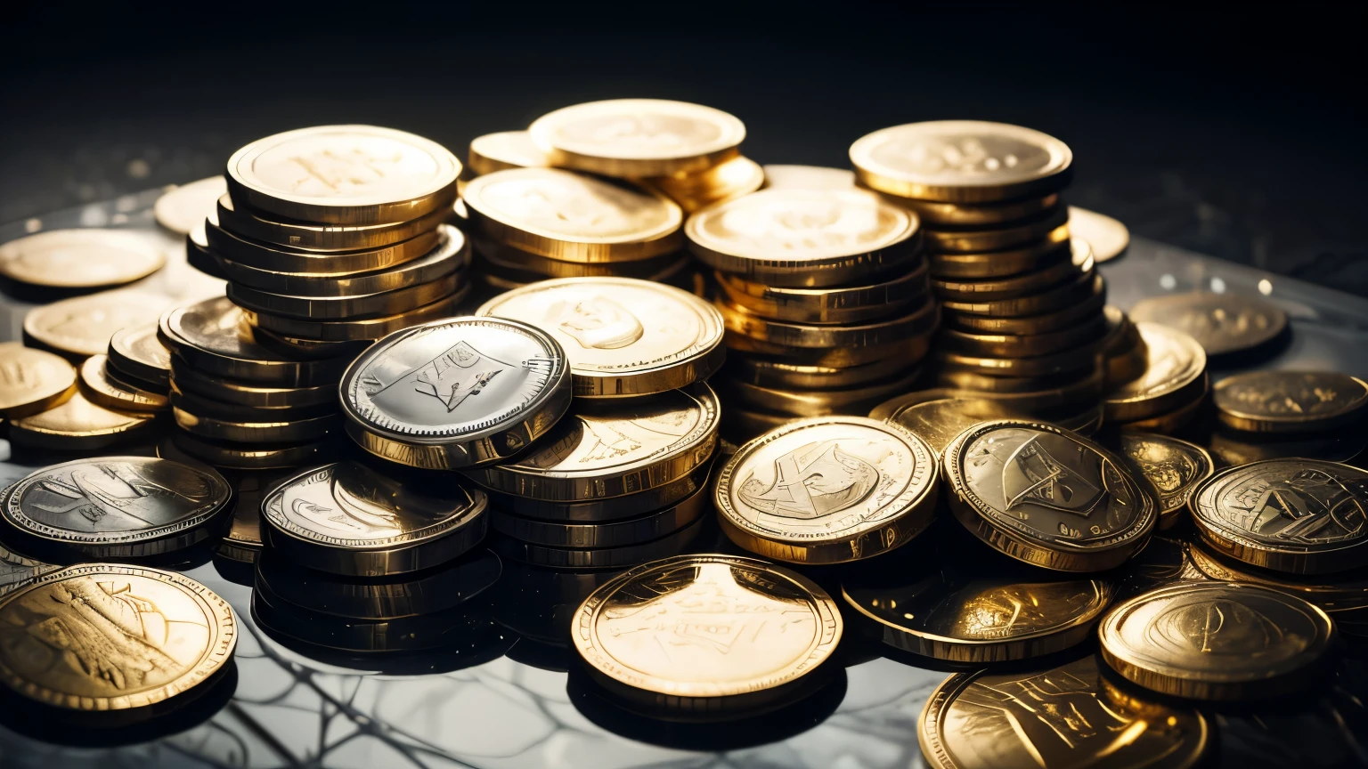 Pile of gold and silver coins on glass table desk, detailed shot, atmospheric cinematic lighting, perfect details, in the neutral white background environment, dramatic cinematic lighting, contrast lighting, dslr, insanely intricate details, amazing fine detail, hyper detailed, sharp focus, depth of field, bokeh, ultra high res