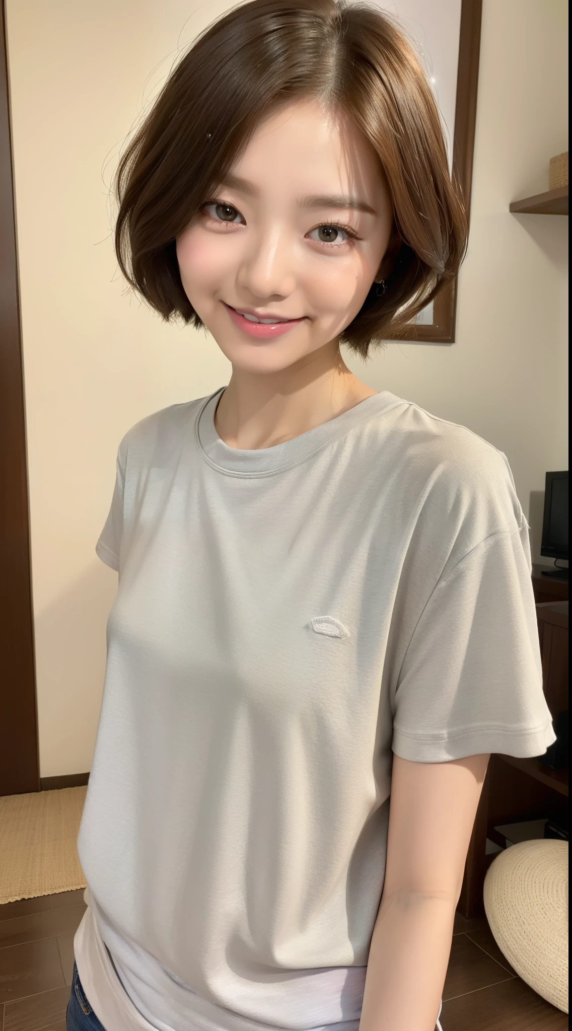(最high quality, 8K, masterpiece: 1.3)), sharp focus, one girl, slim beauty: 1.2, brown hair, (short hair), (big: 1.5), (layer cut), fine eyes, double eyelid, cute smile, closed your mouth, surreal, Super detailed, high quality, Highly detailed face and skin texture, indoors, living room, ( 家庭教師のアルバイトをしているベリーshort hairの可愛い女子大生), (Adult&#39;s neat casual clothes as a tutor), (Clean clothes), (Sexy baby face), uneven body, from the front