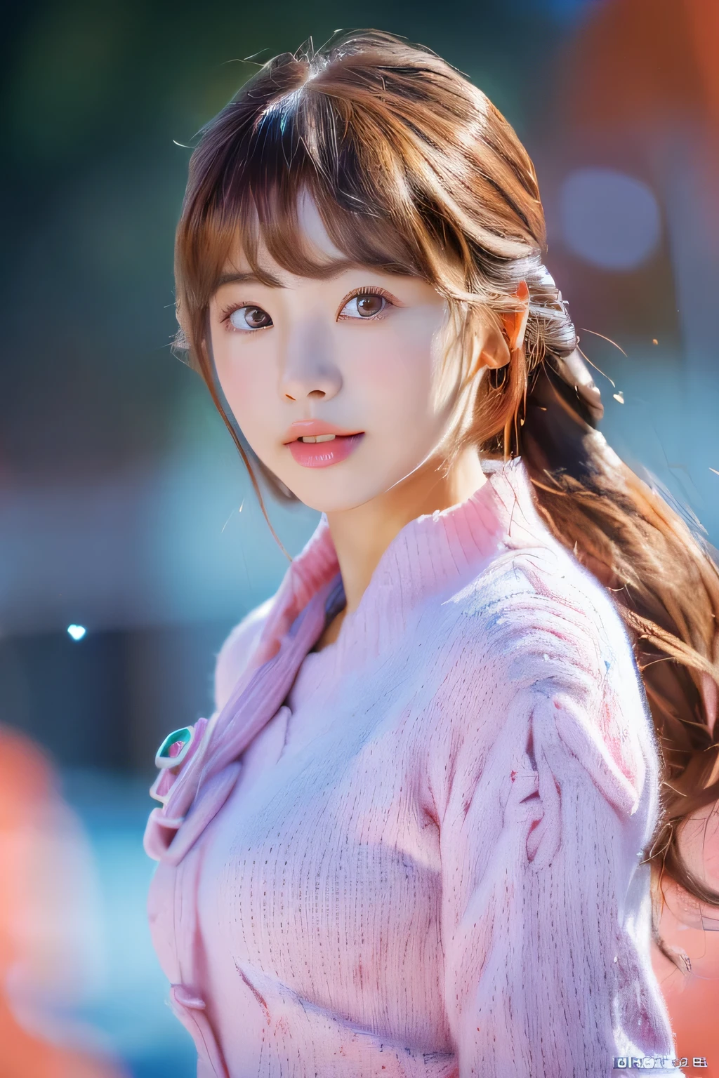 ( highest quality, masterpiece, shape, (realistic, photo-realistic:1.37), wonderful, finely, incredibly absurd, huge file size, 超get used to it, High resolution, Highly detailed CG Unity 8K wallpaper, ray tracing, NSFW, 1 girl, Young Korean Girl, orgasm, blush, A cute realistic drawing of a young Korean woman with pink hair in two ヘアリング and bangs. Revealing a very large bust(highest quality, masterpiece, shape, (genuine, Photorealistic: 1.37), wonderful, get used to it, incredibly absurd, huge file size, Super get used to it, High resolution, High resolution CG Unity 8k 壁紙, one girl, Young Korean Girl, orgasm, blush, Cute realistic picture of a young Korean woman with brown hair in two hair rings and bangs. ski wearを着てゲレンデに立つ. The background is a ski resort, ski wear 、I have ski poles in my hand.