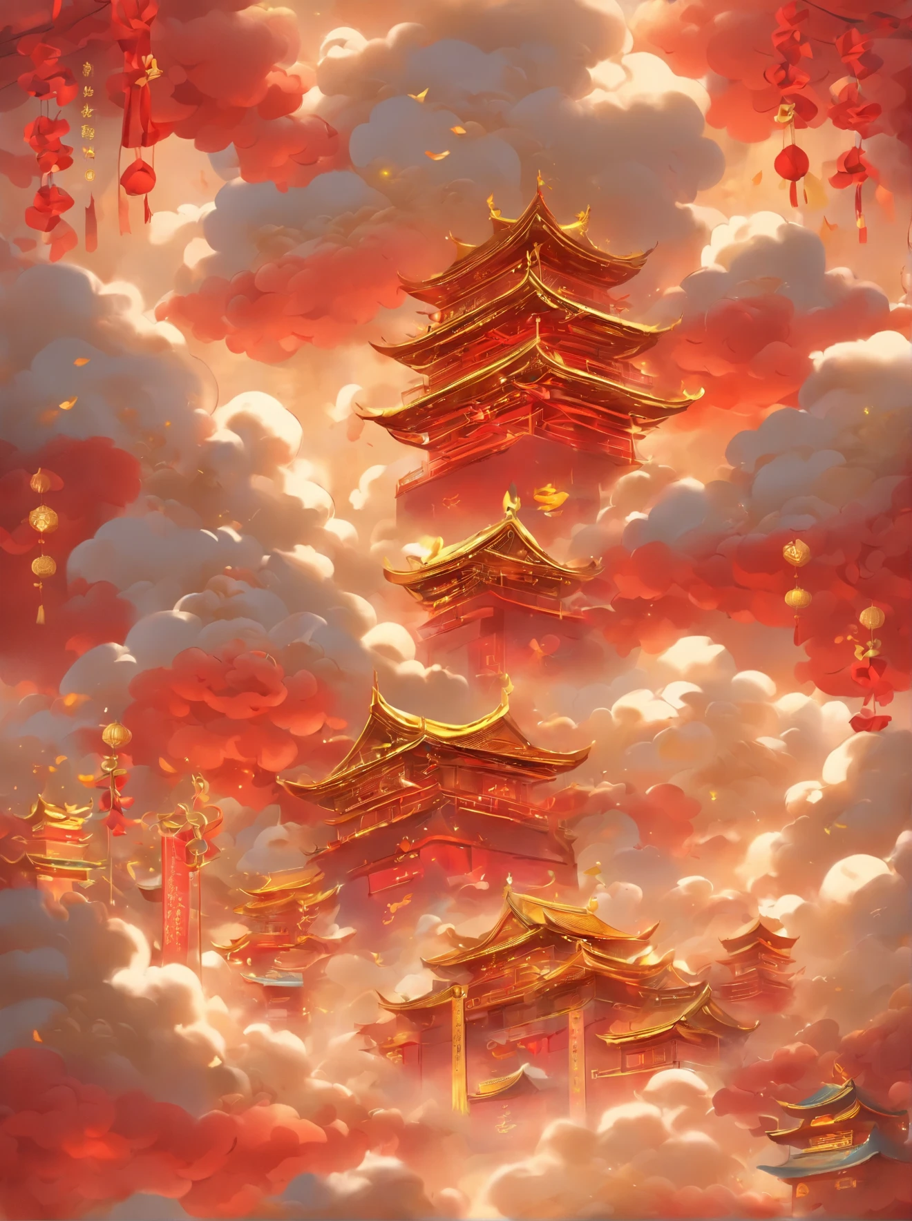 Golden auspicious clouds，Red ribbon，Chinese knot，festive atmosphere，Spring Festival atmosphere，nobody，masterpiece，extremely high detail