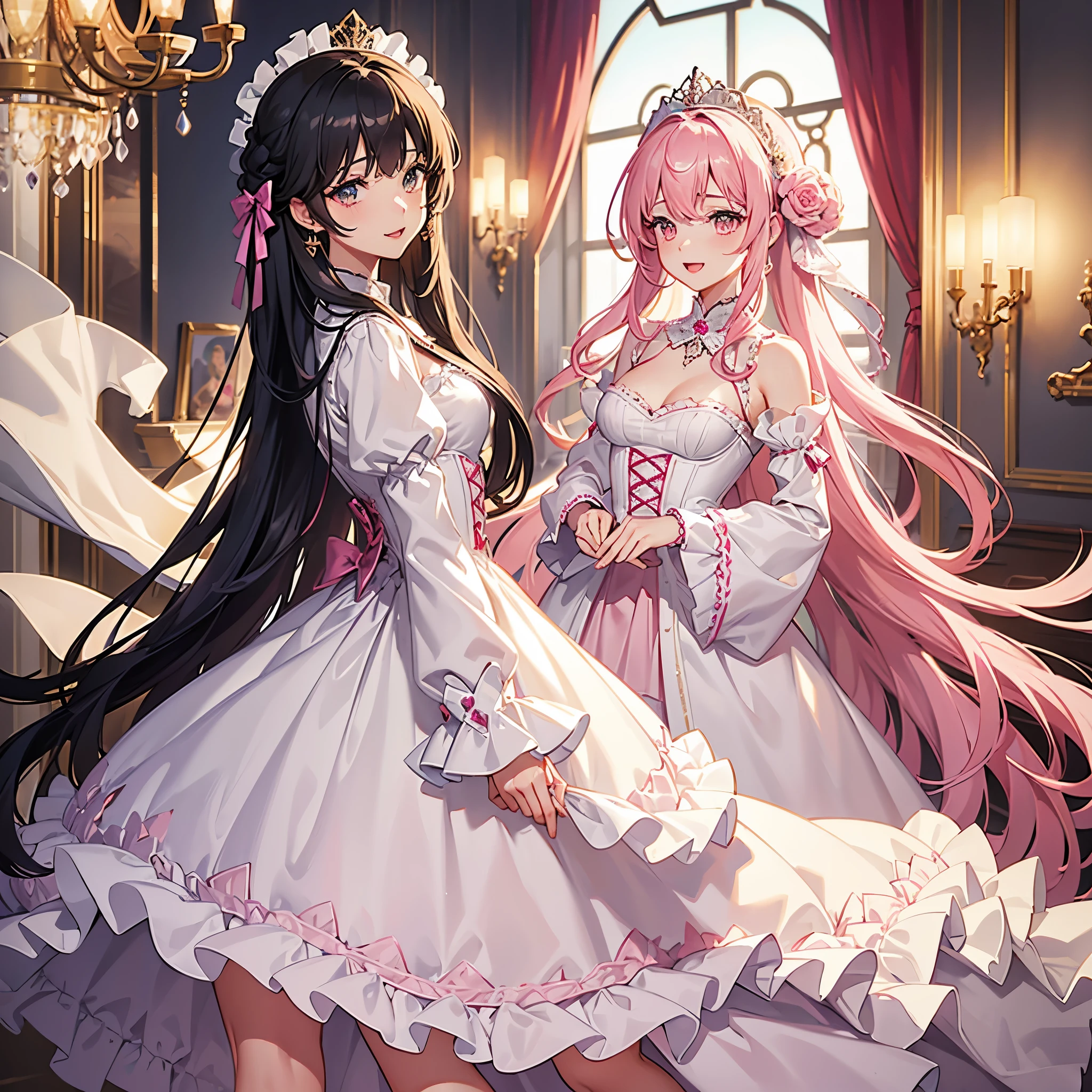 (best quality,4k,8k,highres,masterpiece:1.2),ultra-detailed, closed up portrait of a Teenage boy who got magically transformed into a cute princess, gender bending, fantasy, royalty, fantastic transformation, Medium: Anime-style, portraits Additional details: Soft sunlight filters through the curtains, casting a warm glow on the room. pink eyes, long curly black hair, is happy, joyful expression, playful and feminine pose, effeminate and dainty body, very girly face, pink manicured nails, pink puffy victorian gown, dominant hues of pink and white, bodice with sleeves, bustle, physically-based rendering,gorgeous dress design,flowing gown,elaborate lace details,rich textures,contrast stitching,delicate ribbon bows,floral accents,full skirt,long sleeves,fitted waistline,flared cuffs,lace-up back,luxurious fabrics,flawless silhouette, petticoat, bloomers, white elbow gloves, corset, tiara, gold earrings and necklace, ribbons, high heels, lipstick, makeup, blue eyeshadow, standing in a castle ballroom with a elegant manners, glowing magical aura, masterpiece, dominant hues of pink and white, bokeh, highly detailed, 4K