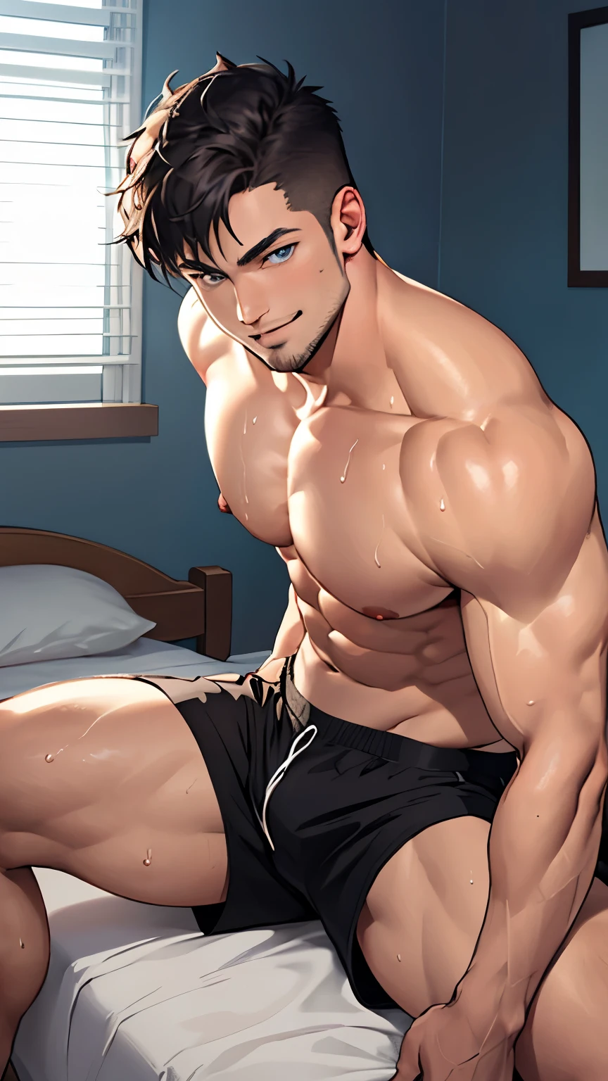 Masterpiece, only, perfect eyes, short hair hair, The body has moderate muscle., , Cool pose, handsome, shirtless, good-looking,  ((best quality)), ((Masterpiece)), (detailsed), perfect face, man,ร่างกายของman,muscle,strong,shirtless ,slightly above,10,more_details,best quality,Sharp focus,Masterpiecedetails eyes,extreme details,super details,bright colors,movies,High quality,10,white skin,handsome ,fit,Abs,muscleหน้าท้องที่เป็นลอน,Big muscle, Pose,HD nipples, beautiful eyes,short hair hair,perfect body,healthy body ,strong arms ,healthy body,strong legs,Strong breasts,คนblack skin, black skin,awesome Pose ,The man is cute..,V shape,perfect body,Black shorts , lay down on the bed, spread your legs,close to the body,Sweating,bedroom ,sexy face,sexy Pose,dark room ,strong legs ,on the bed,sexy view, Calvin Klein underwear ,showing muscles ,dark room,midnight ,The man is cute..,hairstyle ,Male characters ,happy face,fancy light ,dark room ,big body muscle,smile,blue eyes,white teeth