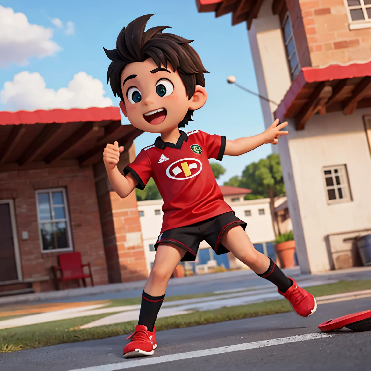 Ten year old boy with red and black football team uniform and black football boots happy on his Flamengo team theme birthday cartoon pixar style