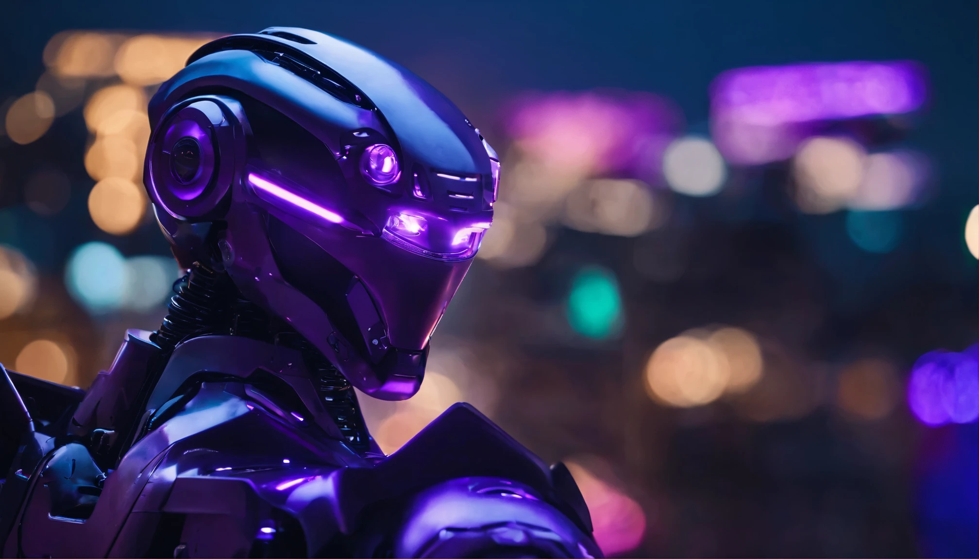 8k,robot,close up,Purple lights and buildings in the background