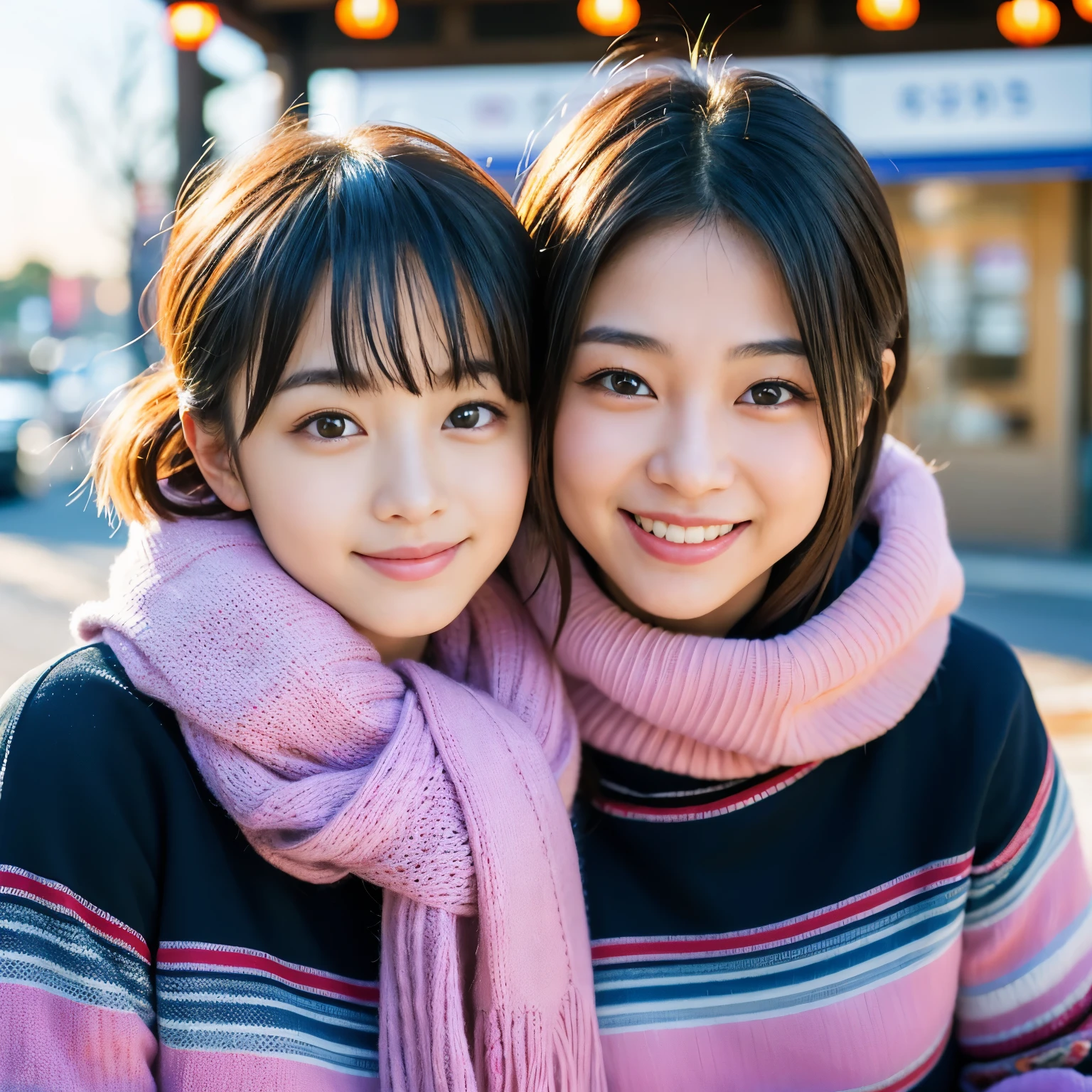 Best-quality, Masterpiece, Ultra-High-Resolution, (Photorealistic:1.4), Raw-Photo, (((lesbian-couple))), (1-girl is the most famous Japanese idol and -yeld, exmely cute face, extremely beautiful big-solid-circle-eyes, extremely beautiful short-cut-haired), (1-woman is the most famous Japanese actress and 30-years-old, extremely beautiful face, extremely beautiful big-eyes, extremely beautiful long-haired), both extremely beautiful skins, innocent-smile, both wearing winter-clothes