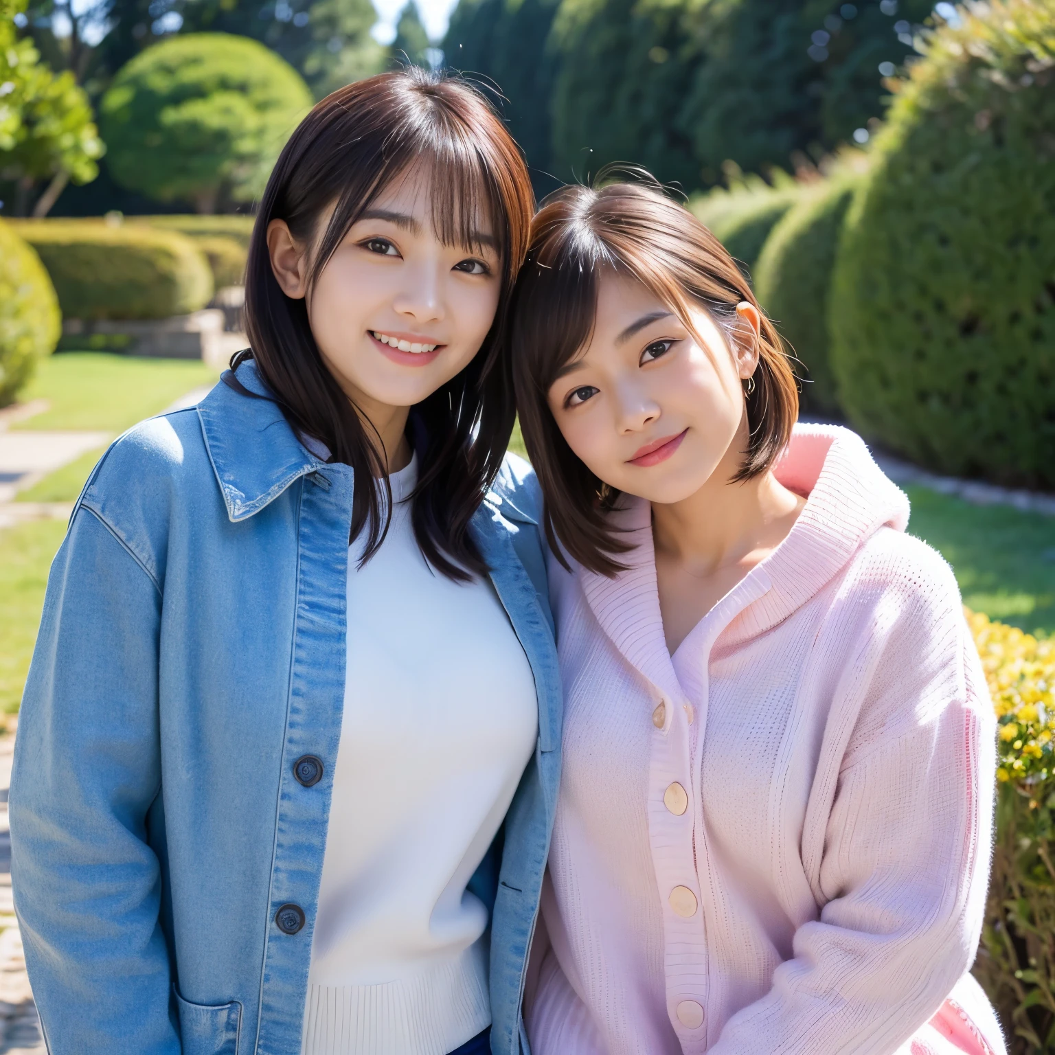 Best-quality, Masterpiece, Ultra-High-Resolution, (Photorealistic:1.4), Raw-Photo, (((lesbian-couple))), (1-girl is the most famous Japanese idol and 15-years-old, extremely cute face, extremely beautiful big-solid-circle-eyes, extremely beautiful short-cut-haired), (1-woman is the most famous Japanese actress and 30-years-old, extremely beautiful face, extremely beautiful big-eyes, extremely beautiful long-haired), both extremely beautiful skins, innocent-smile, both wearing winter-clothes