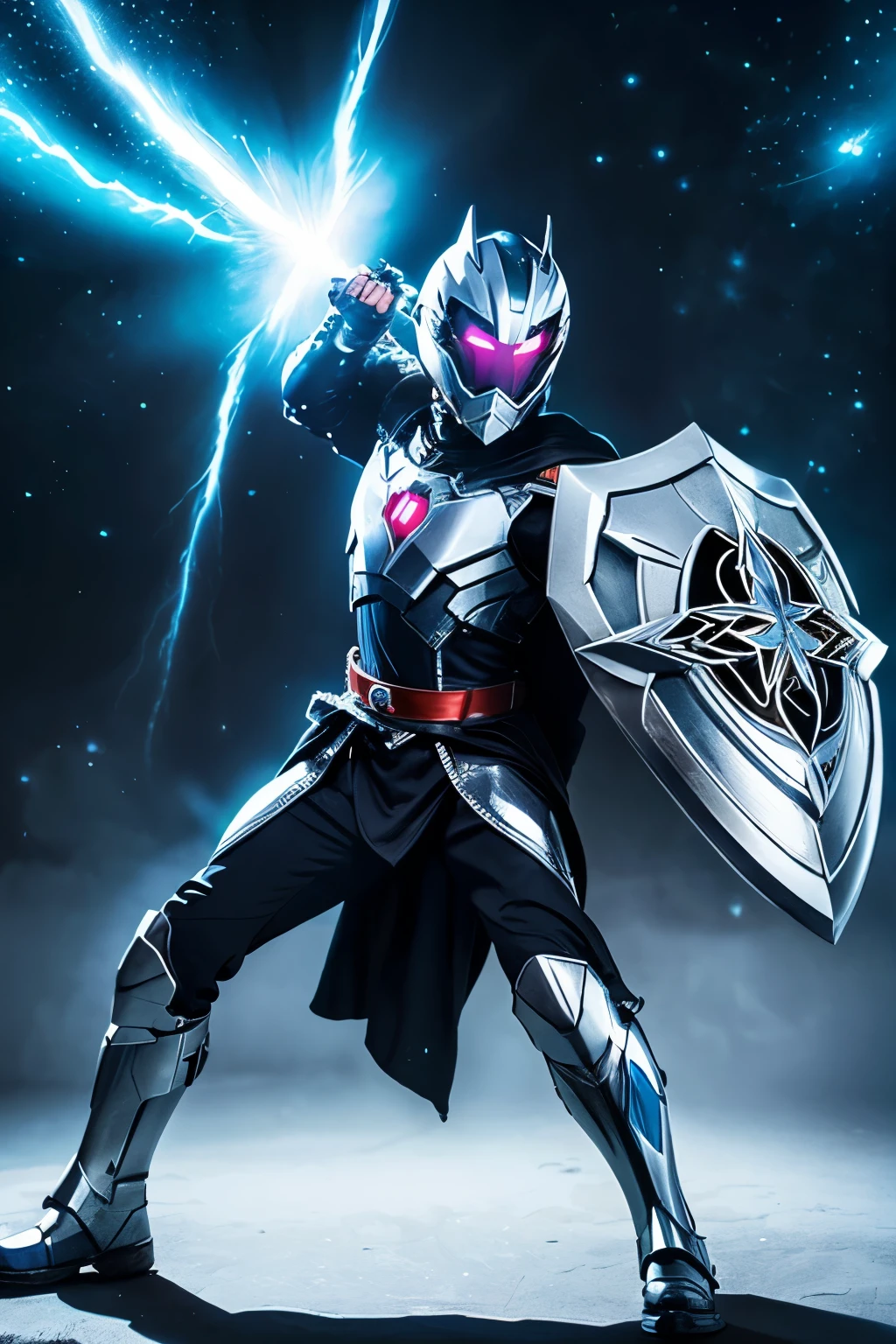 The superhero wears a shiny silver-white armor，Every armor plate shimmers，As bright as a star。His cloak is like a ghost in the night，Blowing in the wind，Brings a mysterious atmosphere。

His face is hidden by a dark helmet，Only a pair of sharp eyes are revealed，Revealing an invincible will。The patterns on the helmet look like stars in the sky，flashing little by little，It gives people endless reverie。

His body is tall and strong，Every muscle is filled with a feeling of strength and power，As if building an indestructible fortress。His movements are agile and vigorous，Every step contains infinite strength and determination。

In his hands，A silver energy sword shines with dazzling light，Like lightning in the sky，split the darkness in two。In his hand he also holds a shield that emits blue energy，like a star in the sky，Guarding the tranquility of this city。