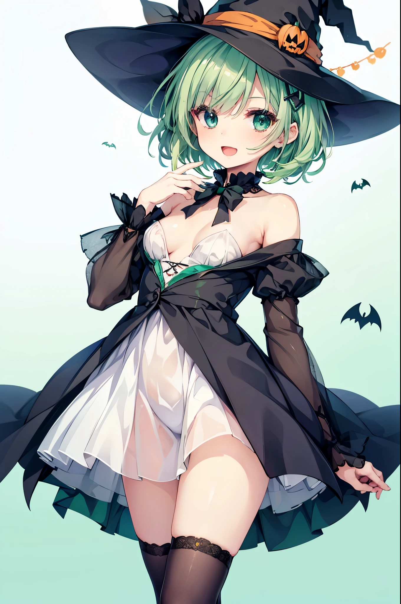 ,small breasts,smile with open mouth,short green hair,Halloween Costumes,witch,simple background ,hair ornaments,heterochromia,Blue and green eyes,best image quality,highest quality